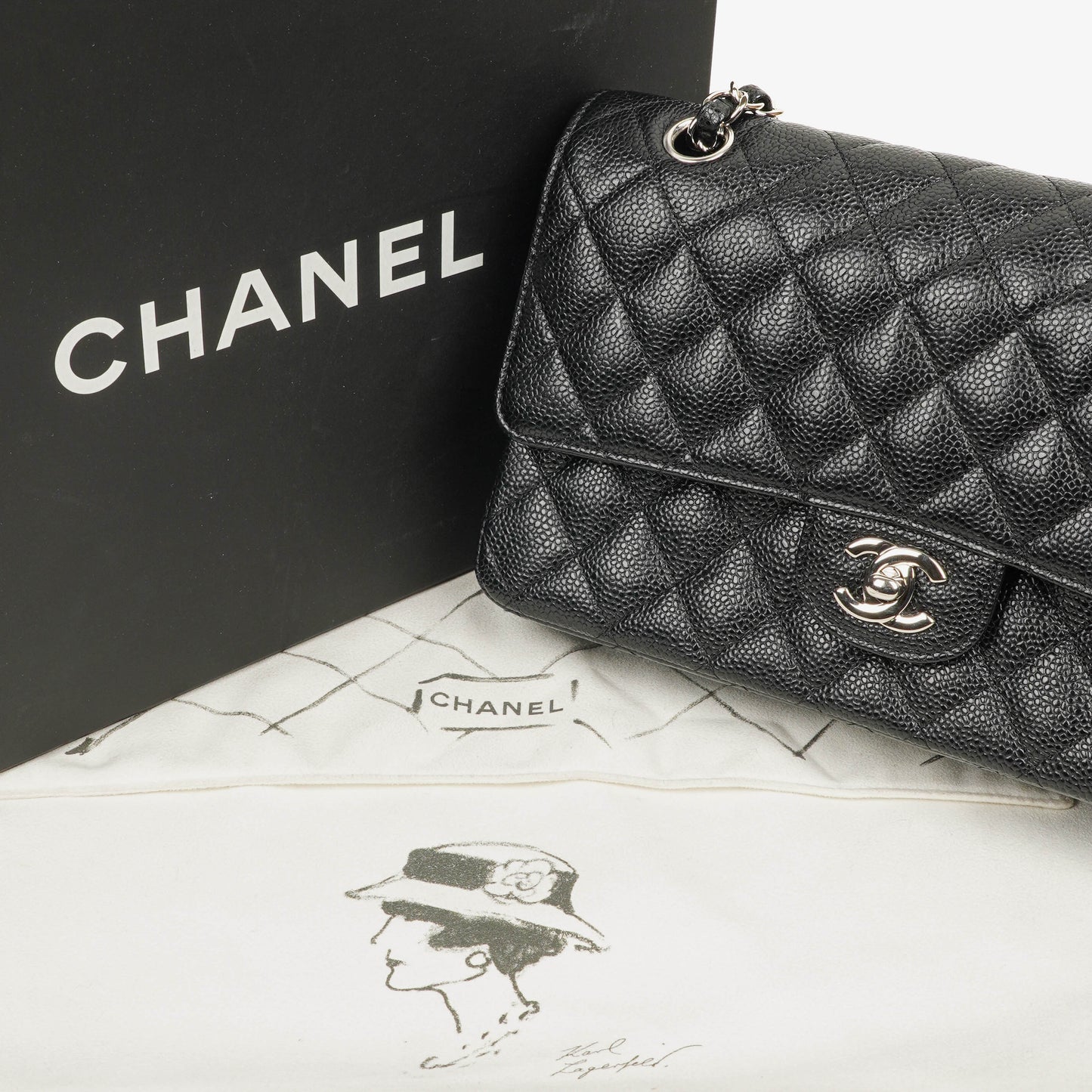Chanel Medium Classic Black Quilted Caviar Double Flap Bag With Silver - Tone Hardware