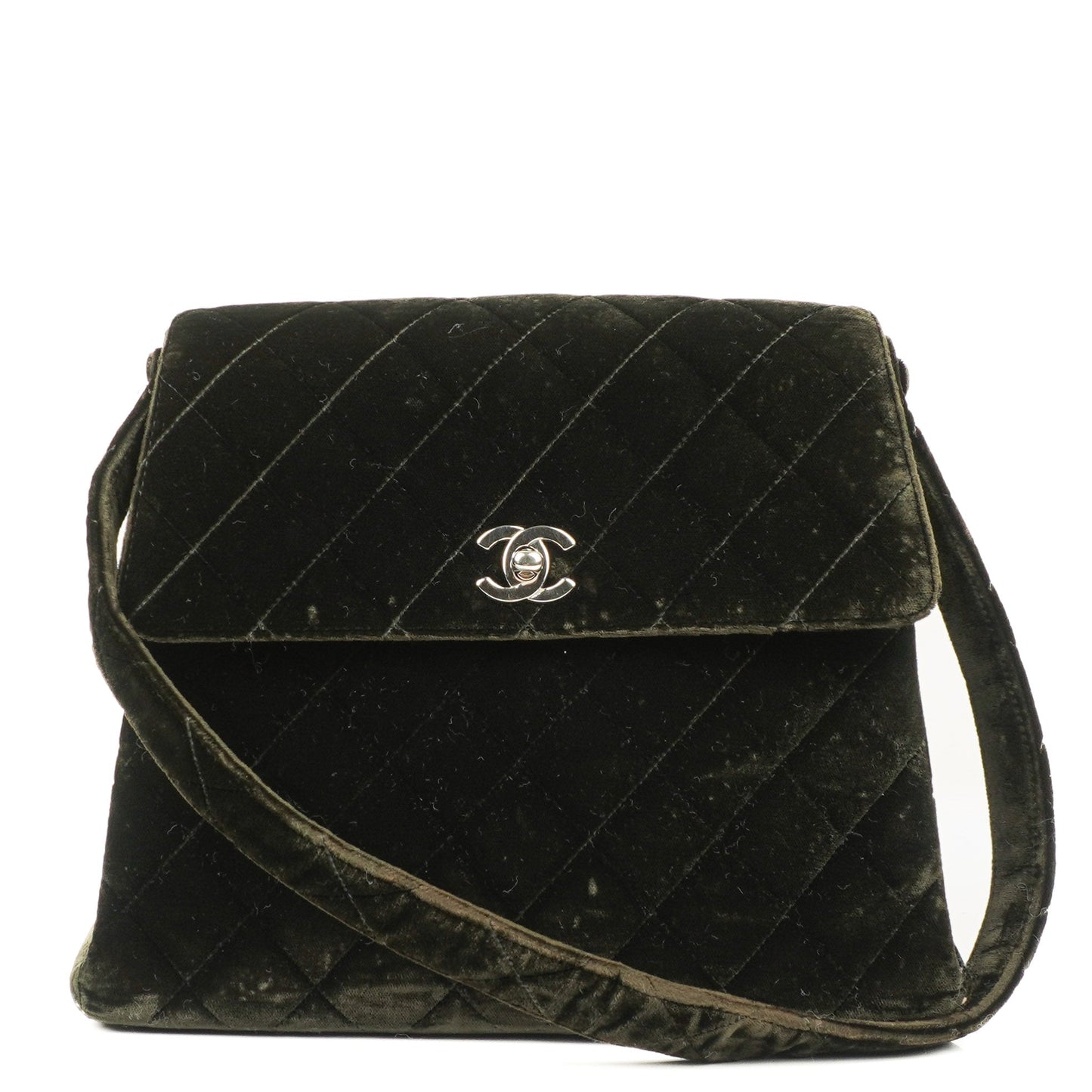 Chanel Velvet Quilted Flap Shoulder Bag Olive Green