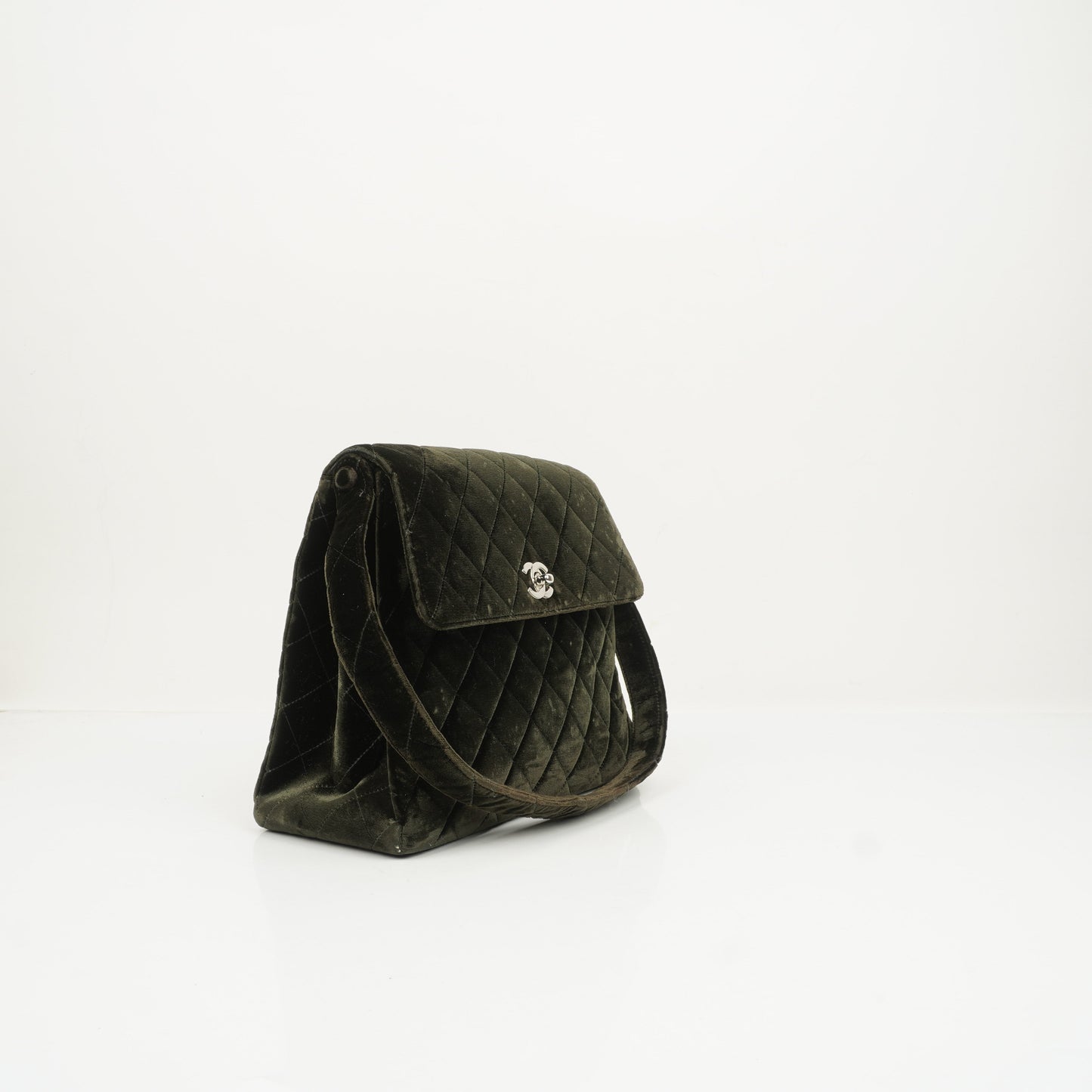 Chanel Velvet Quilted Flap Shoulder Bag Olive Green