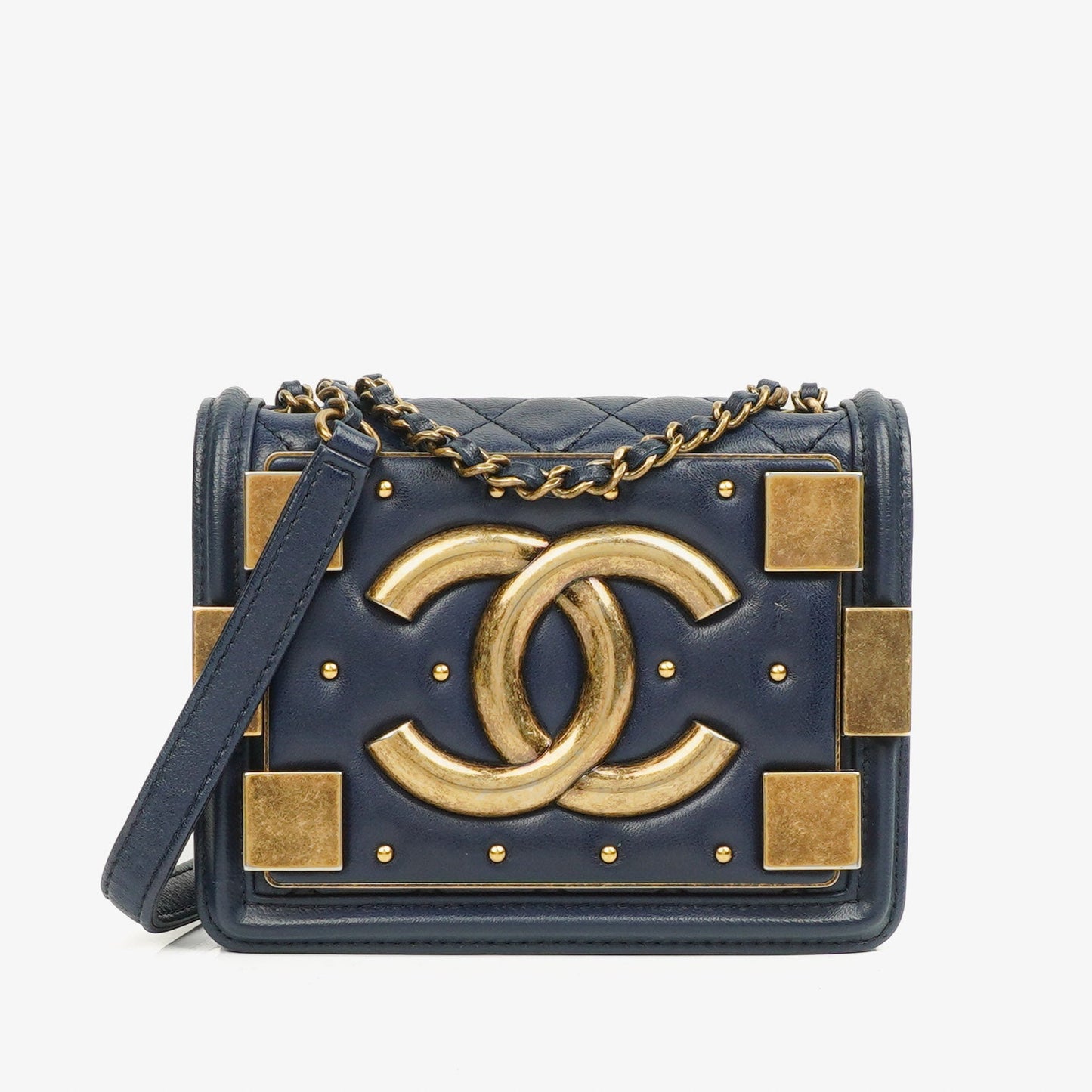 Chanel Navy Quilted Lambskin Studded Boy Brick Flap Bag