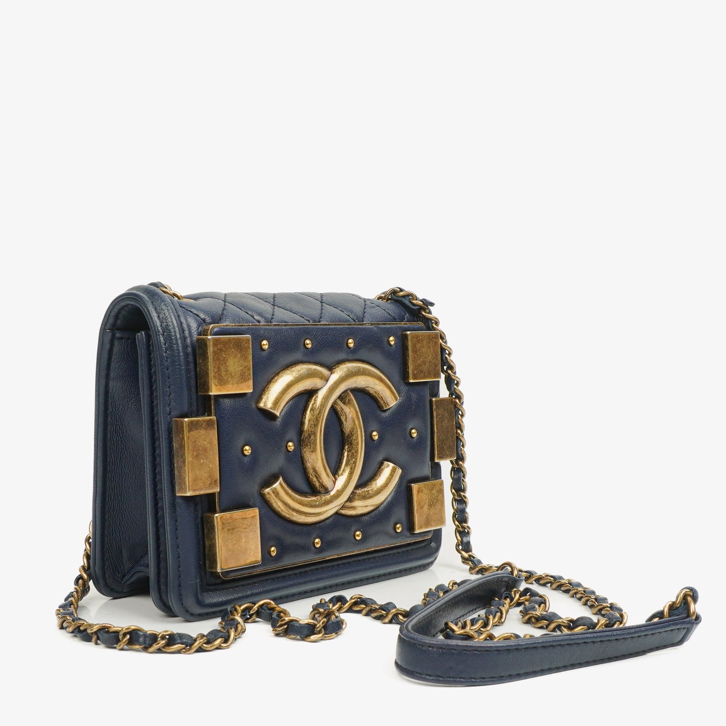Chanel Navy Quilted Lambskin Studded Boy Brick Flap Bag