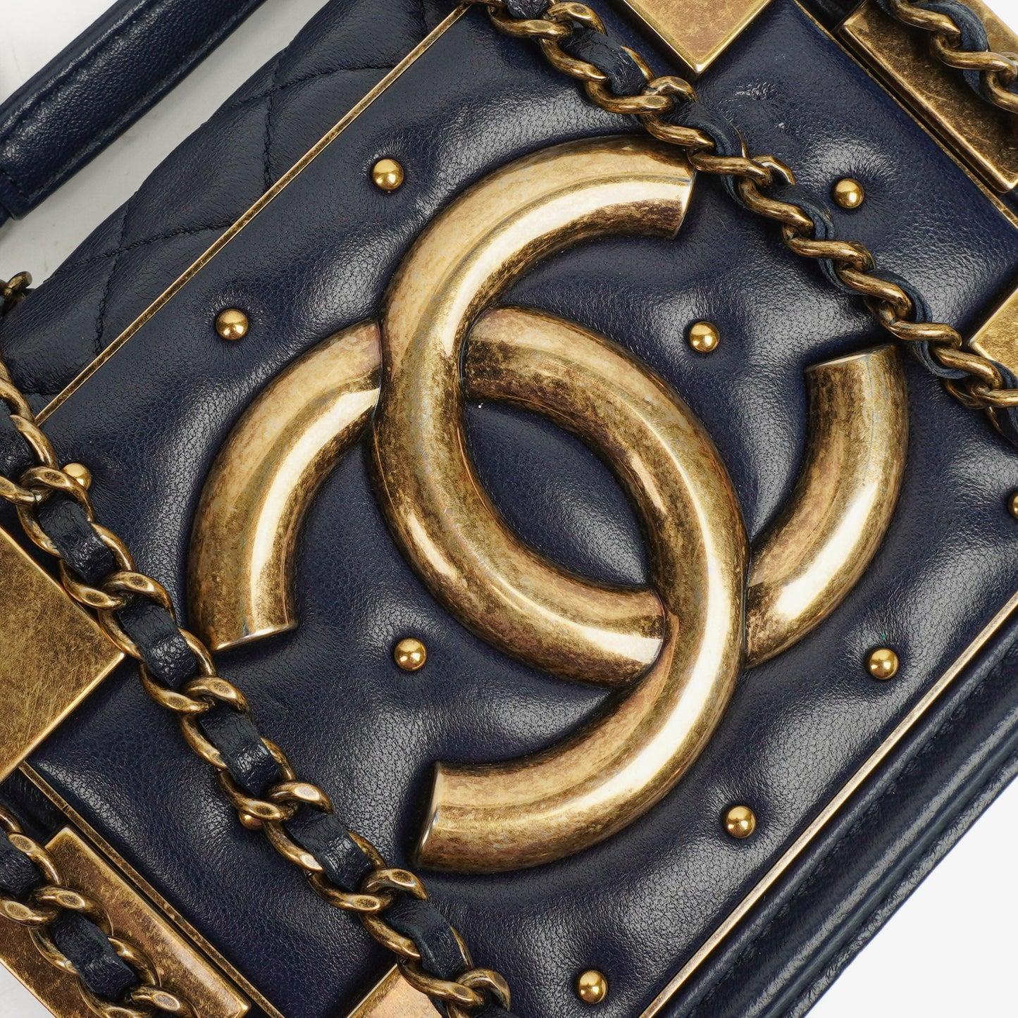Chanel Navy Quilted Lambskin Studded Boy Brick Flap Bag