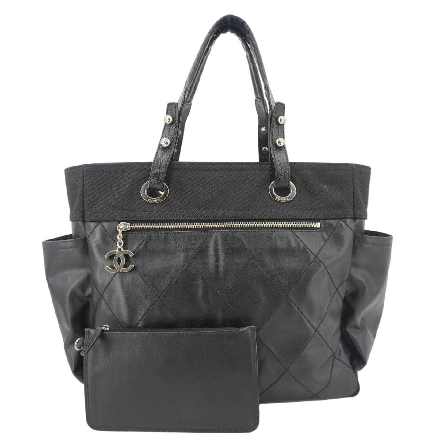 CHANEL Paris Biarritz Quilted Coated Canvas Grand Shopping Tote Bag Black