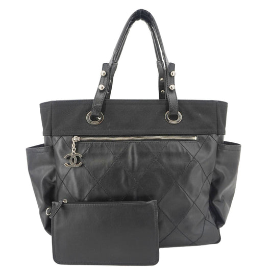 CHANEL Paris Biarritz Quilted Coated Canvas Grand Shopping Tote Bag Black