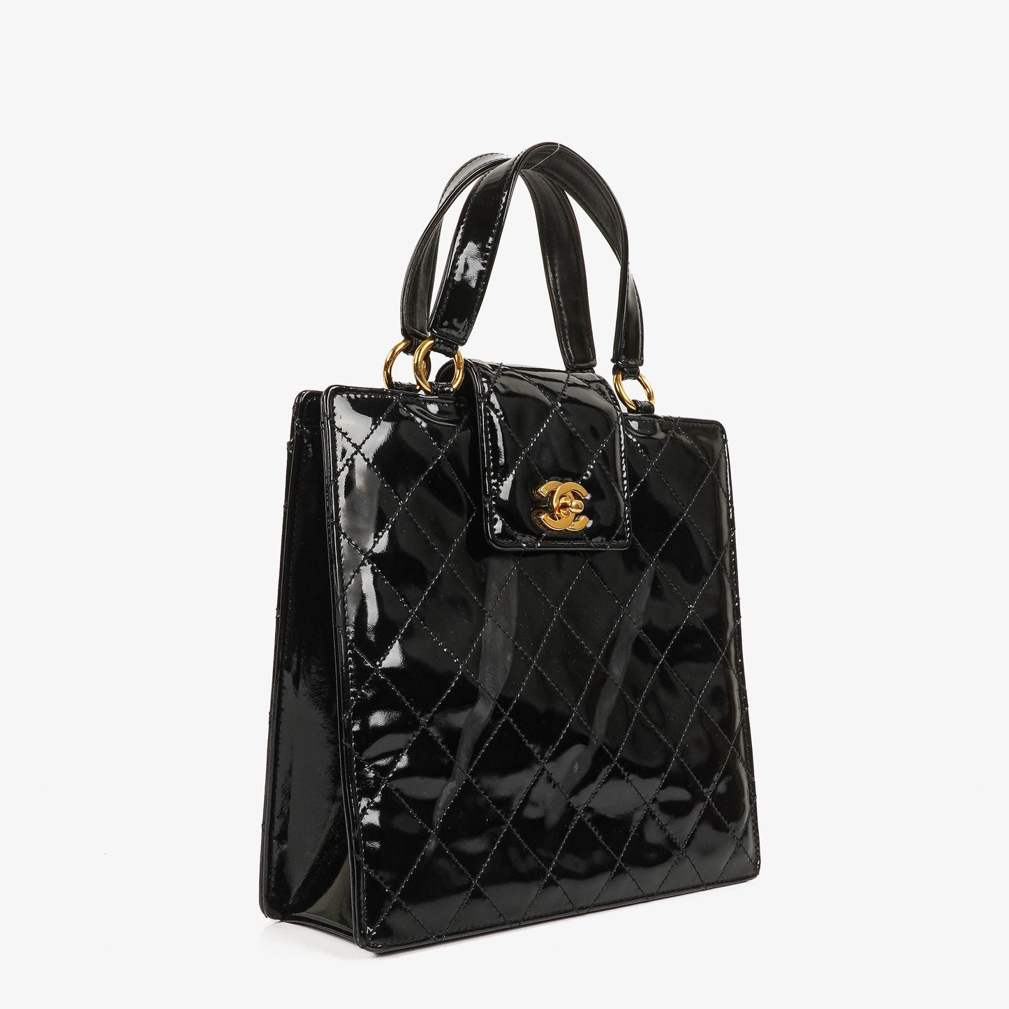 Chanel CC Black Quilted Patent Leather Handbag With 24K Gold-Plated Hardware