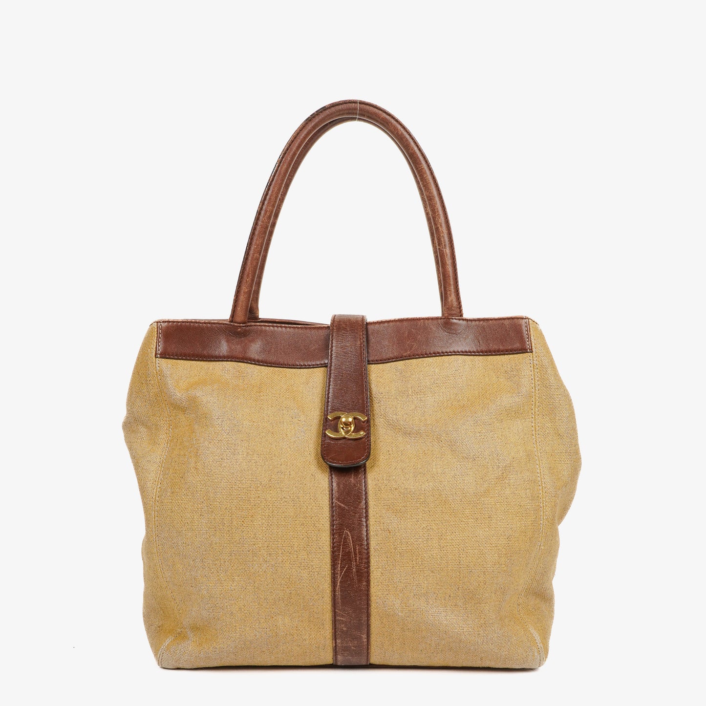 Chanel CC Beige Linen And Brown Leather Tote Bag
