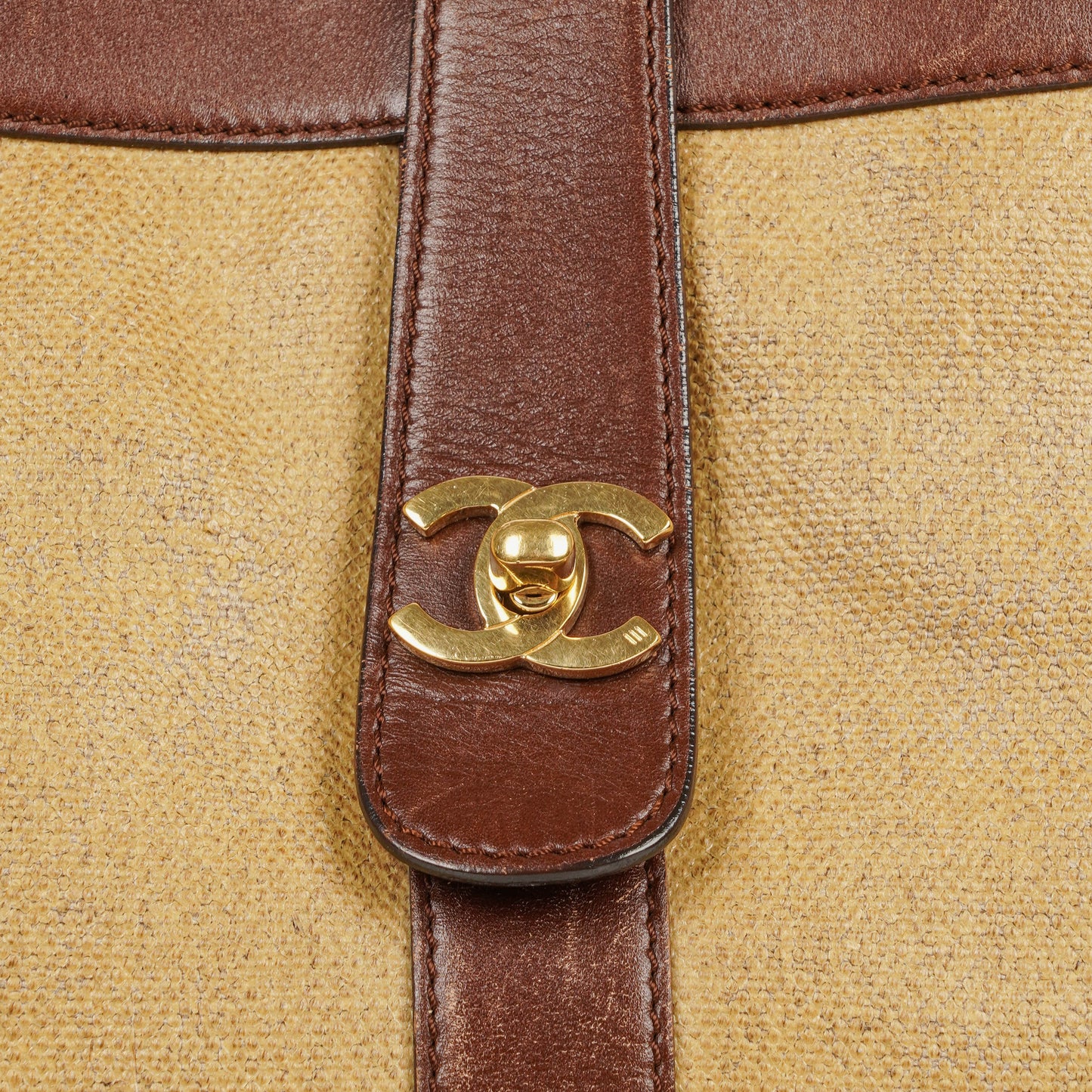 Chanel CC Beige Linen And Brown Leather Tote Bag