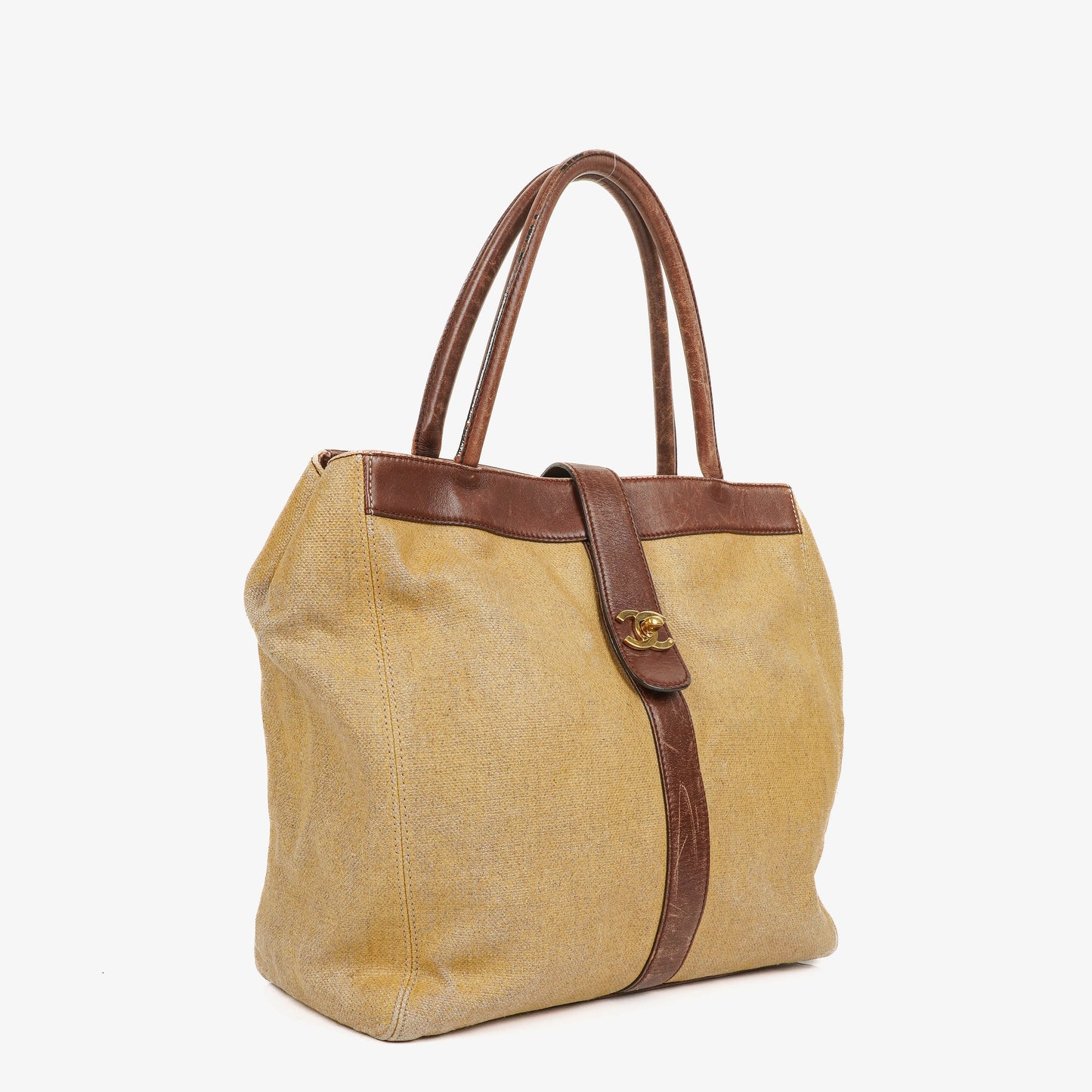 Chanel CC Beige Linen And Brown Leather Tote Bag