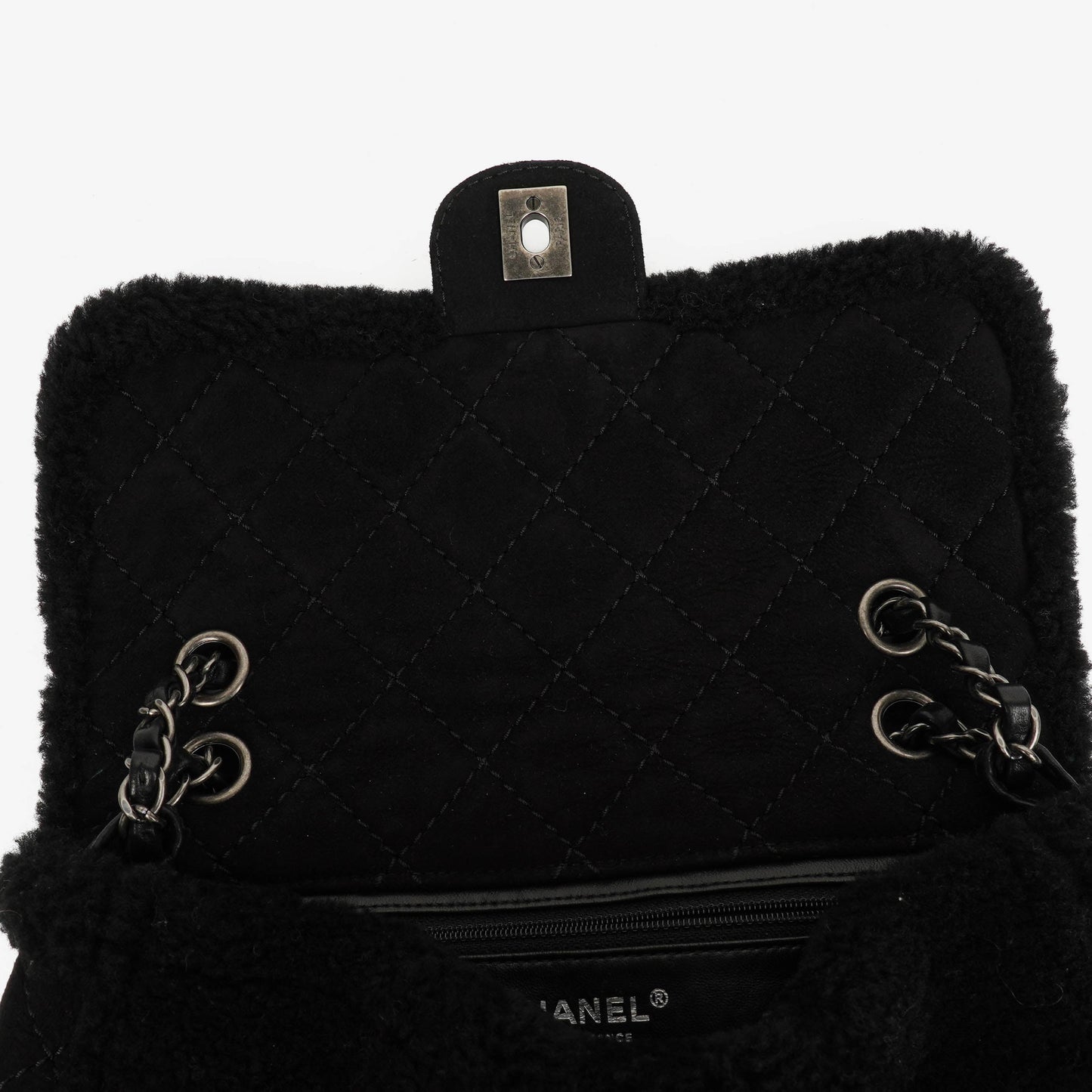 Chanel Medium Black Shearling Pearl Flap Bag