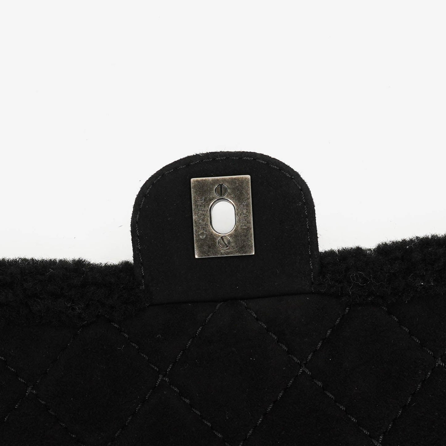 Chanel Medium Black Shearling Pearl Flap Bag