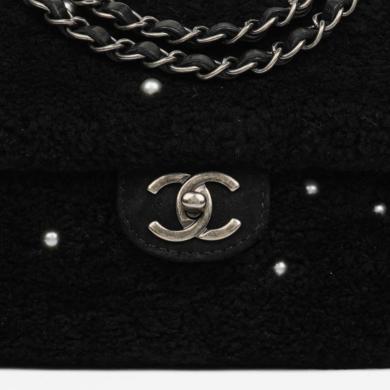 Chanel Medium Black Shearling Pearl Flap Bag