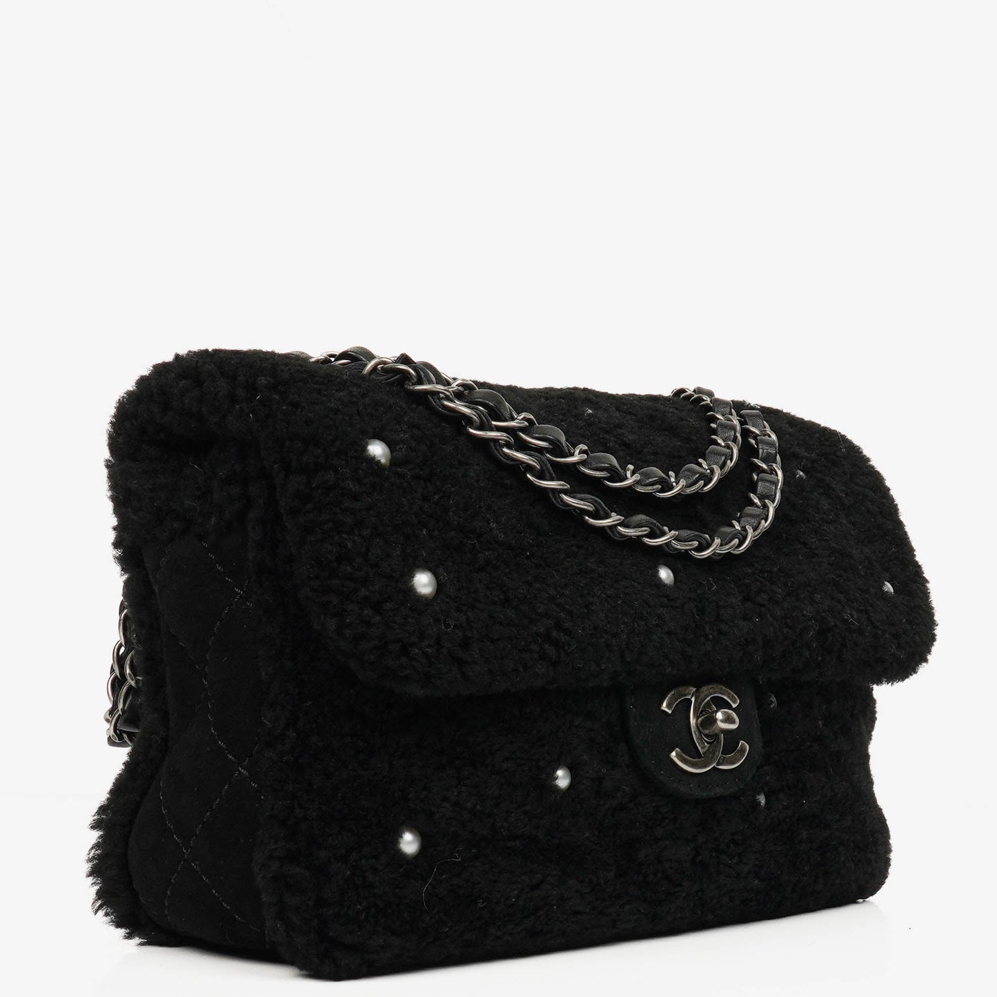 Chanel Medium Black Shearling Pearl Flap Bag