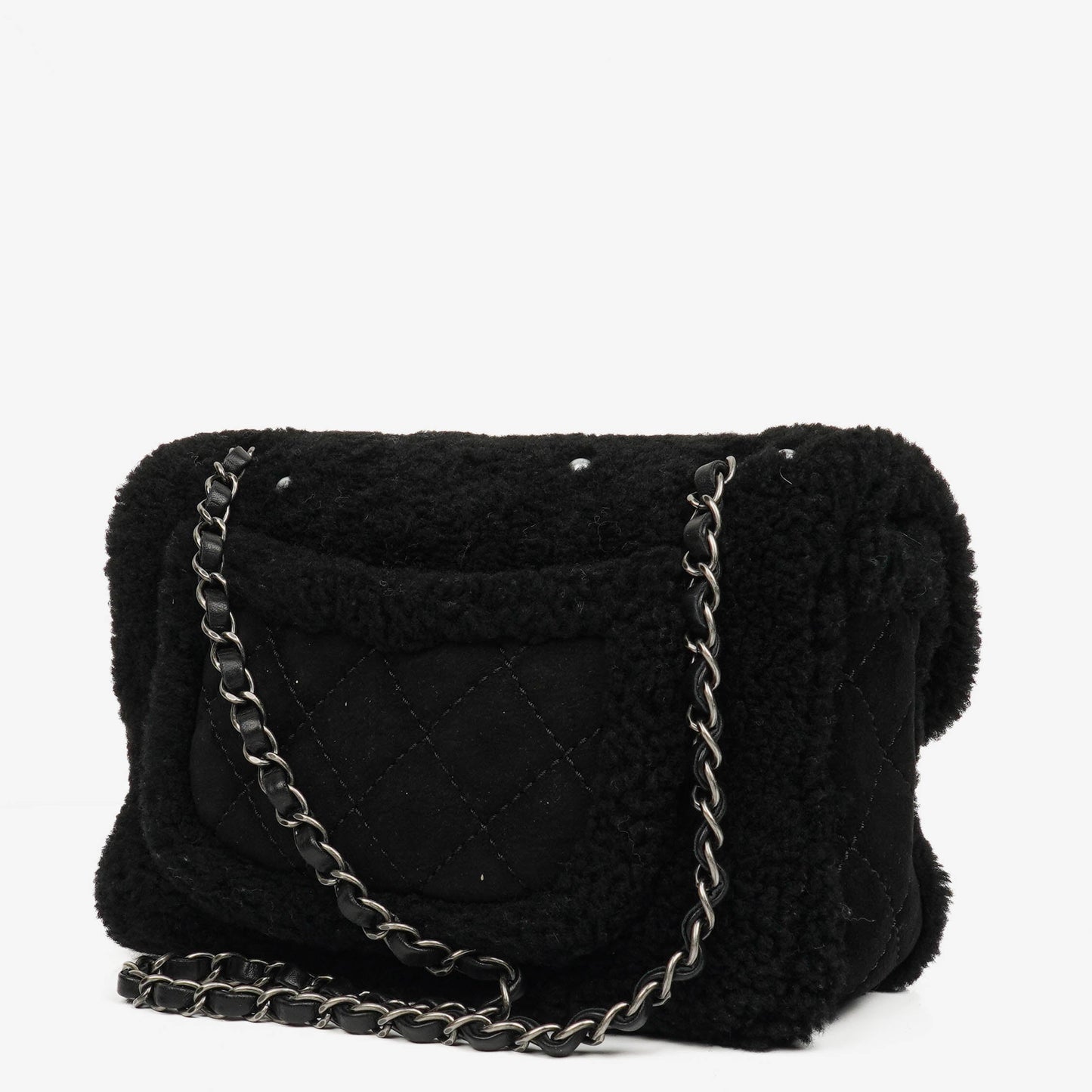 Chanel Medium Black Shearling Pearl Flap Bag