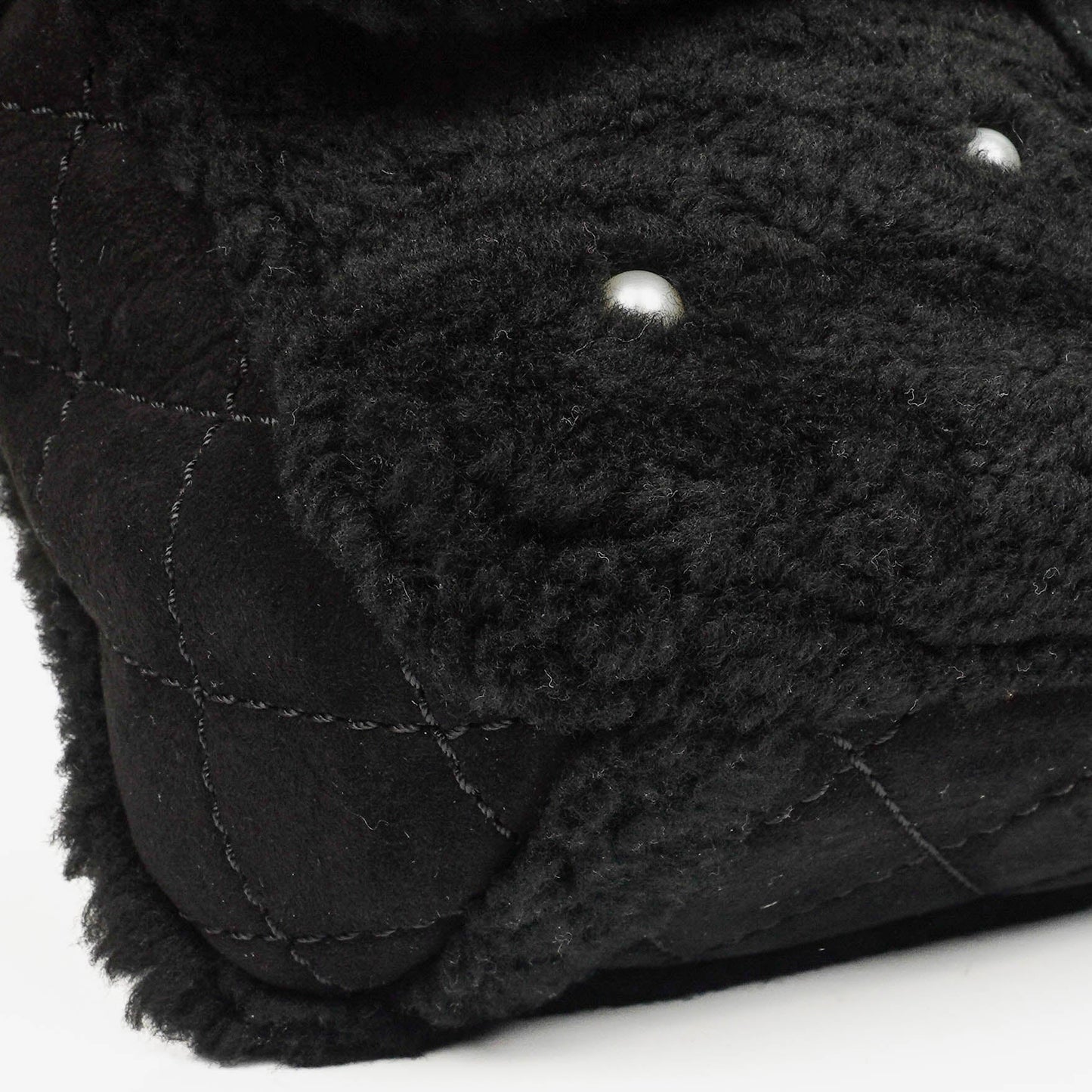Chanel Medium Black Shearling Pearl Flap Bag