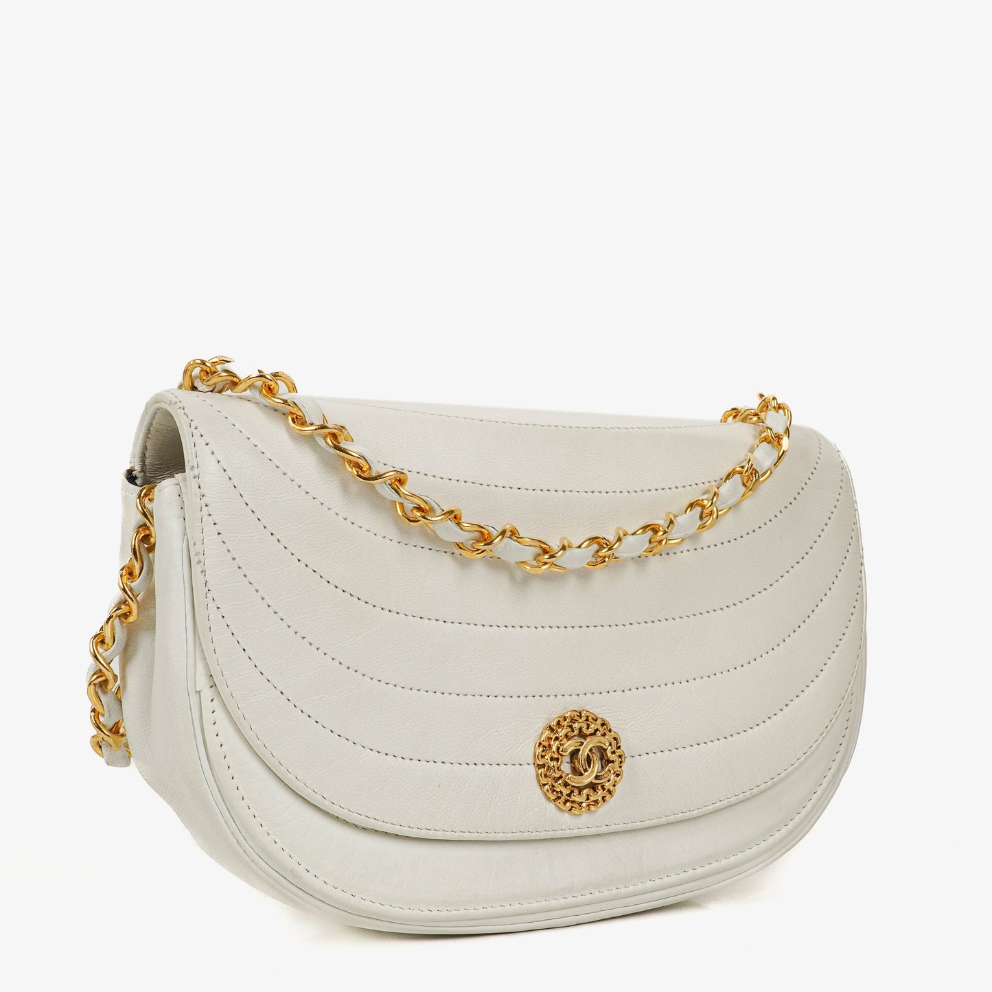 Chanel Classic Lambskin Half Moon White Flap Bag