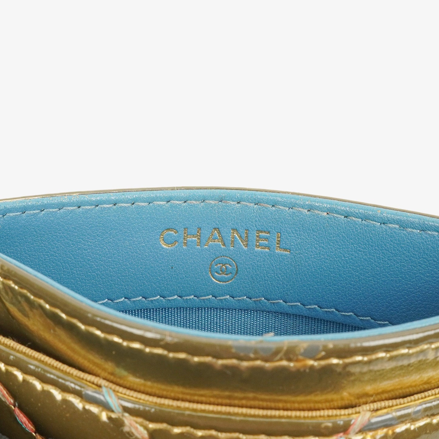 Chanel Metallic Gold Calfskin Chevron Quilted Card Holder