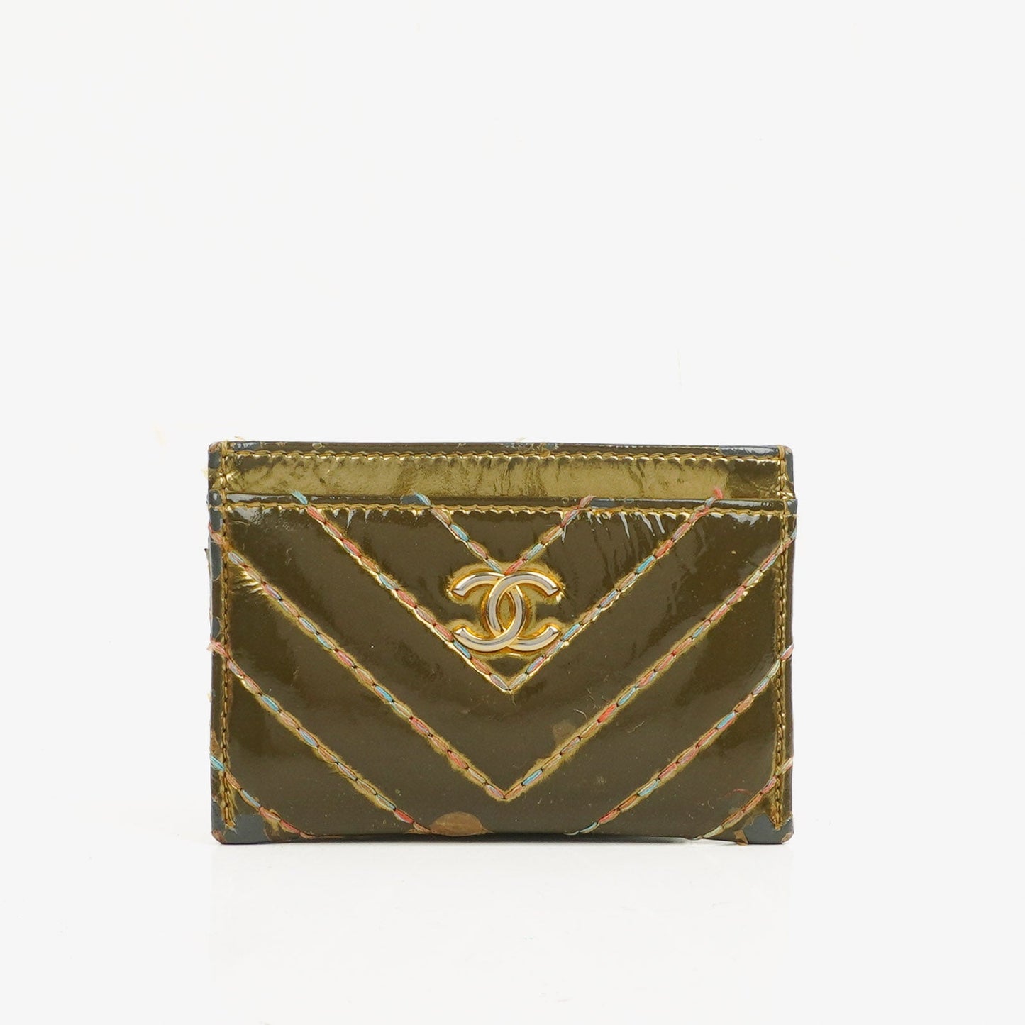 Chanel Metallic Gold Calfskin Chevron Quilted Card Holder