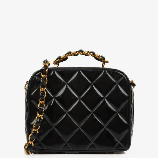 Chanel Lunch Box Black Quilted Patent Leather Tote Bag