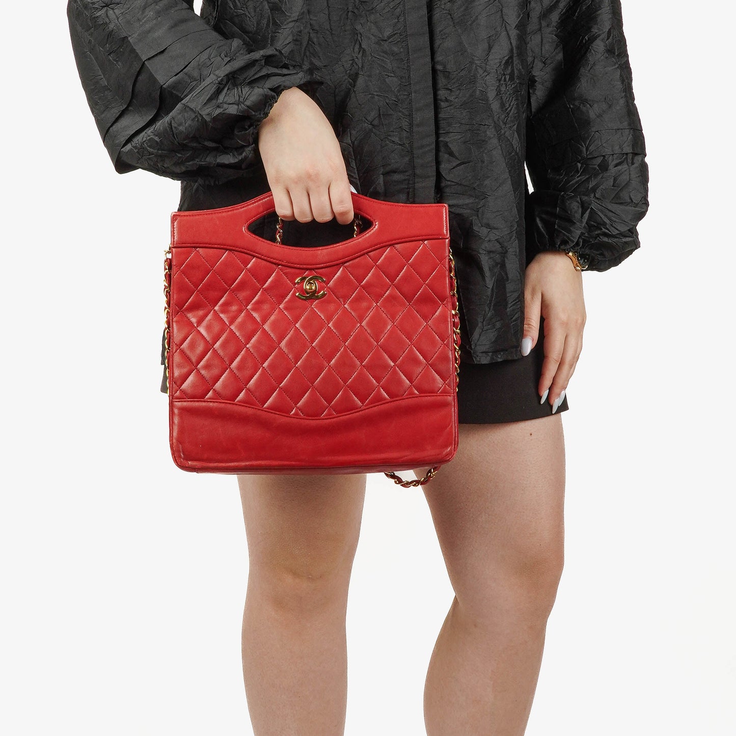Chanel Red Lambskin Quilted Small 31  Shopping Tote Bag