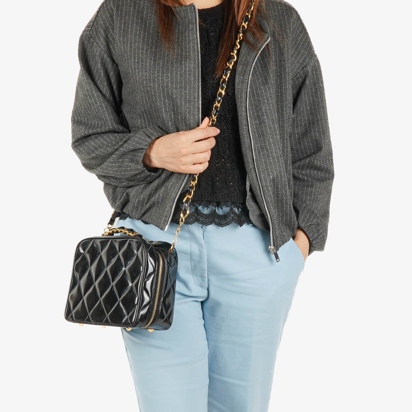 Chanel Lunch Box Black Quilted Patent Leather Tote Bag
