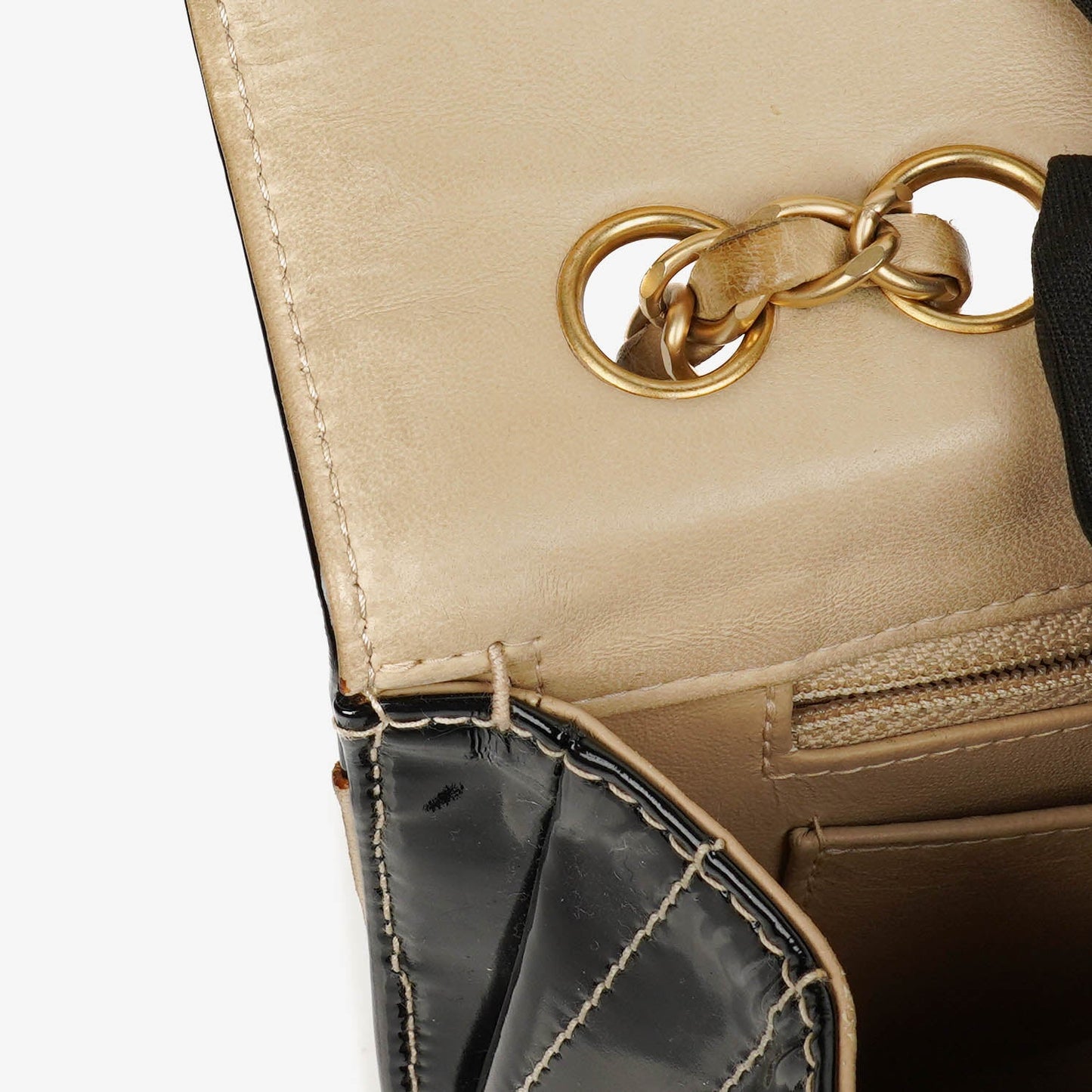 Chanel  Chocolate Bar Square Single Flap Beige Quilted Leather/Patent Leather Chain Shoulder Bag
