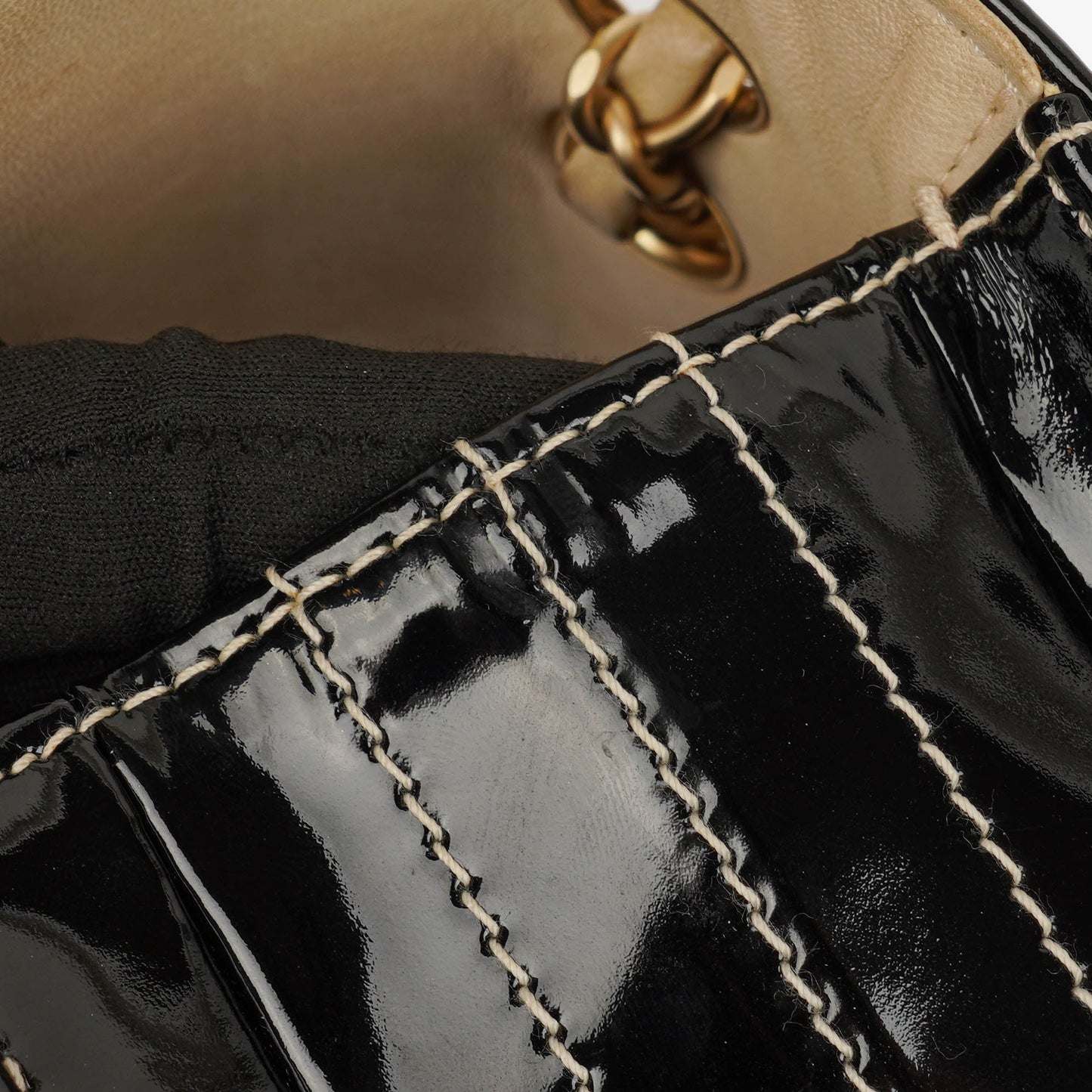 Chanel  Chocolate Bar Square Single Flap Beige Quilted Leather/Patent Leather Chain Shoulder Bag