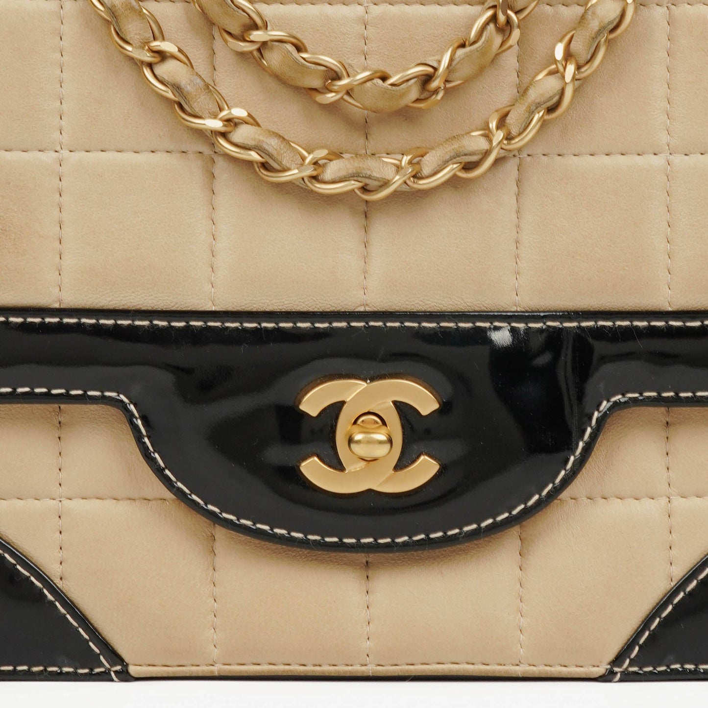 Chanel  Chocolate Bar Square Single Flap Beige Quilted Leather/Patent Leather Chain Shoulder Bag