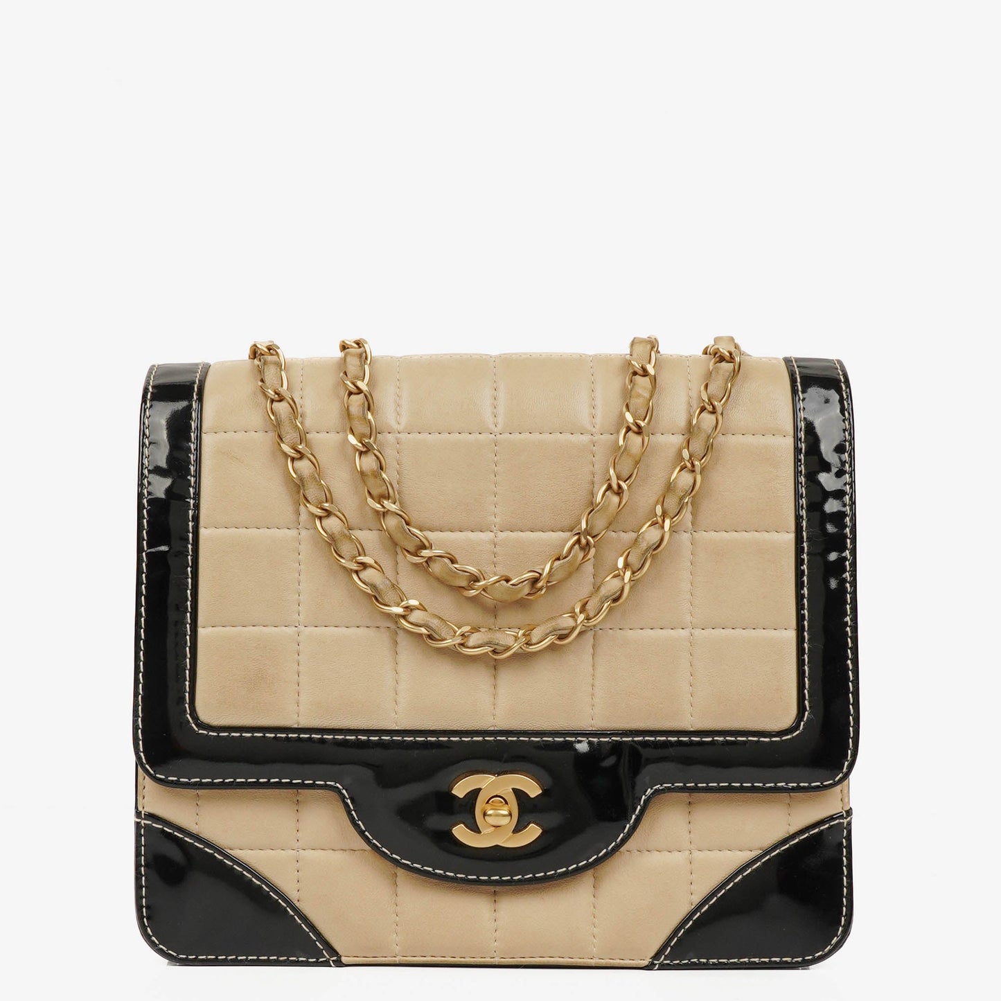 Chanel  Chocolate Bar Square Single Flap Beige Quilted Leather/Patent Leather Chain Shoulder Bag
