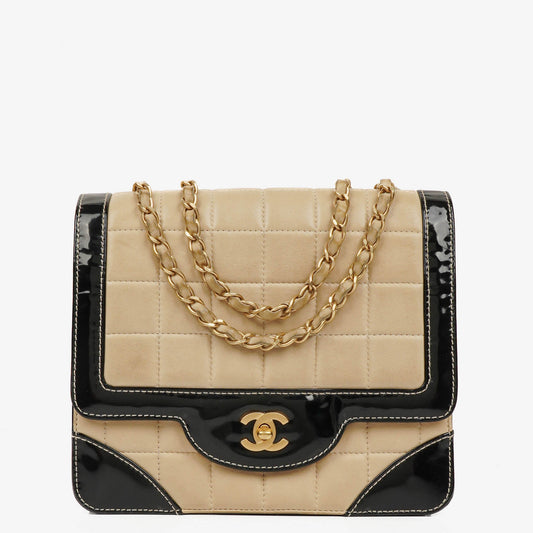Chanel  Chocolate Bar Square Single Flap Beige Quilted Leather/Patent Leather Chain Shoulder Bag