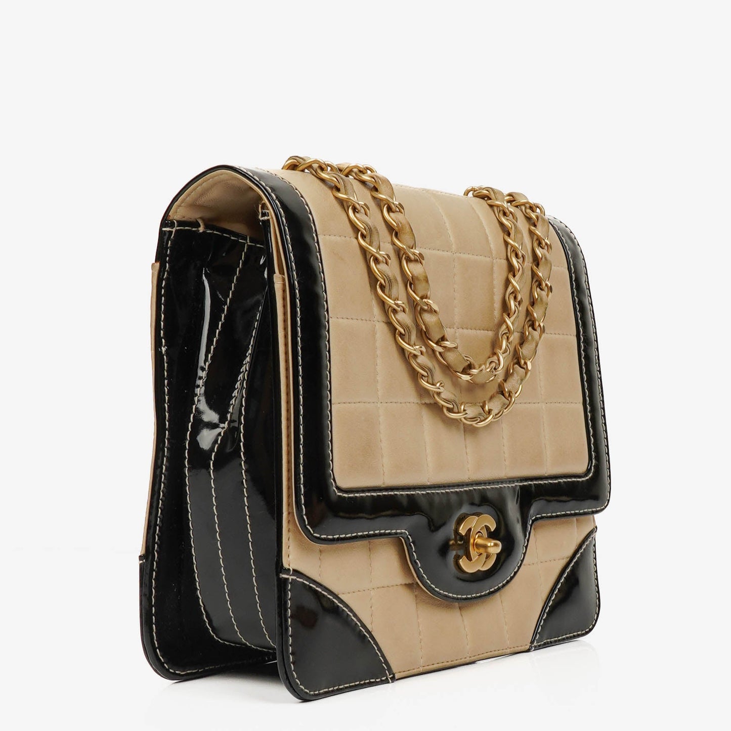 Chanel  Chocolate Bar Square Single Flap Beige Quilted Leather/Patent Leather Chain Shoulder Bag