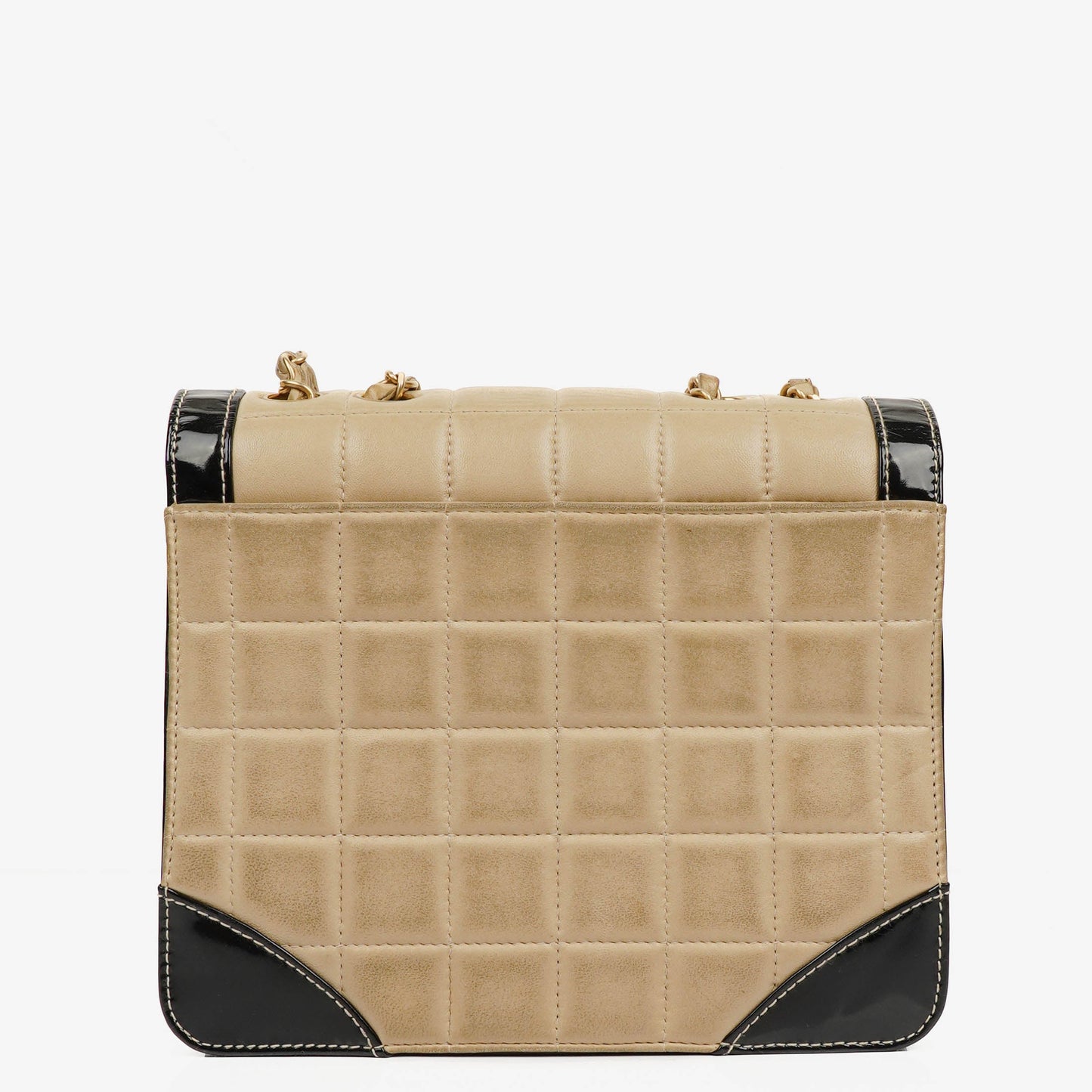 Chanel  Chocolate Bar Square Single Flap Beige Quilted Leather/Patent Leather Chain Shoulder Bag