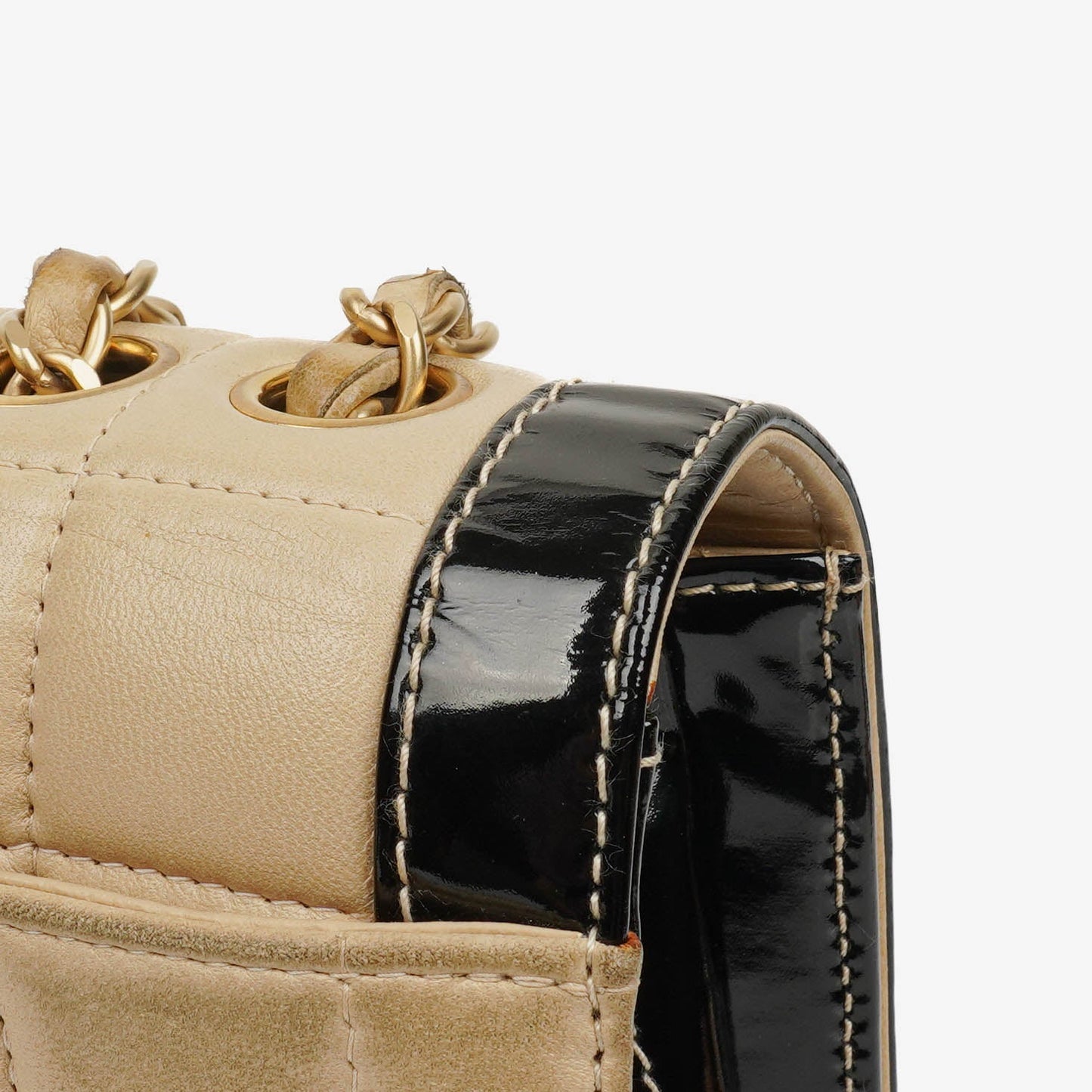 Chanel  Chocolate Bar Square Single Flap Beige Quilted Leather/Patent Leather Chain Shoulder Bag