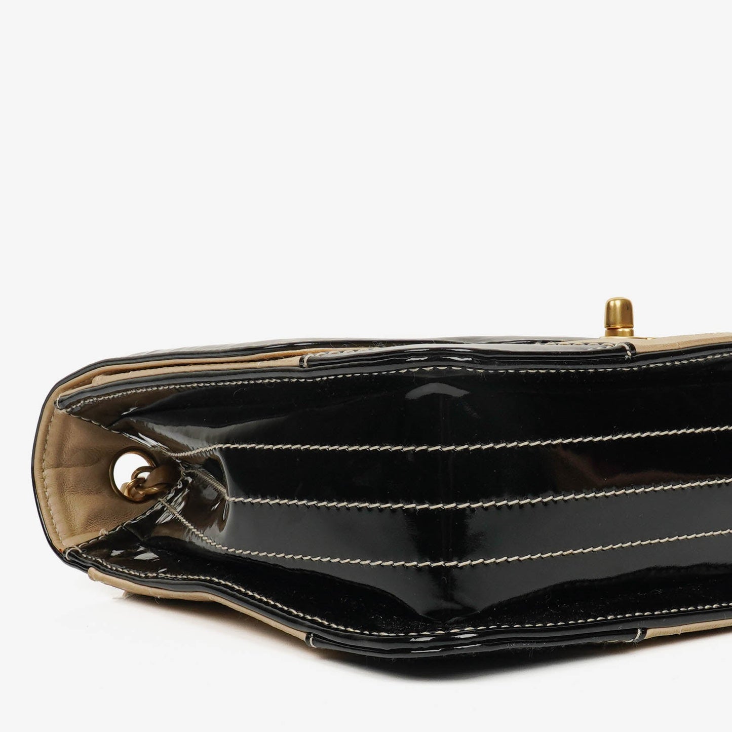 Chanel  Chocolate Bar Square Single Flap Beige Quilted Leather/Patent Leather Chain Shoulder Bag