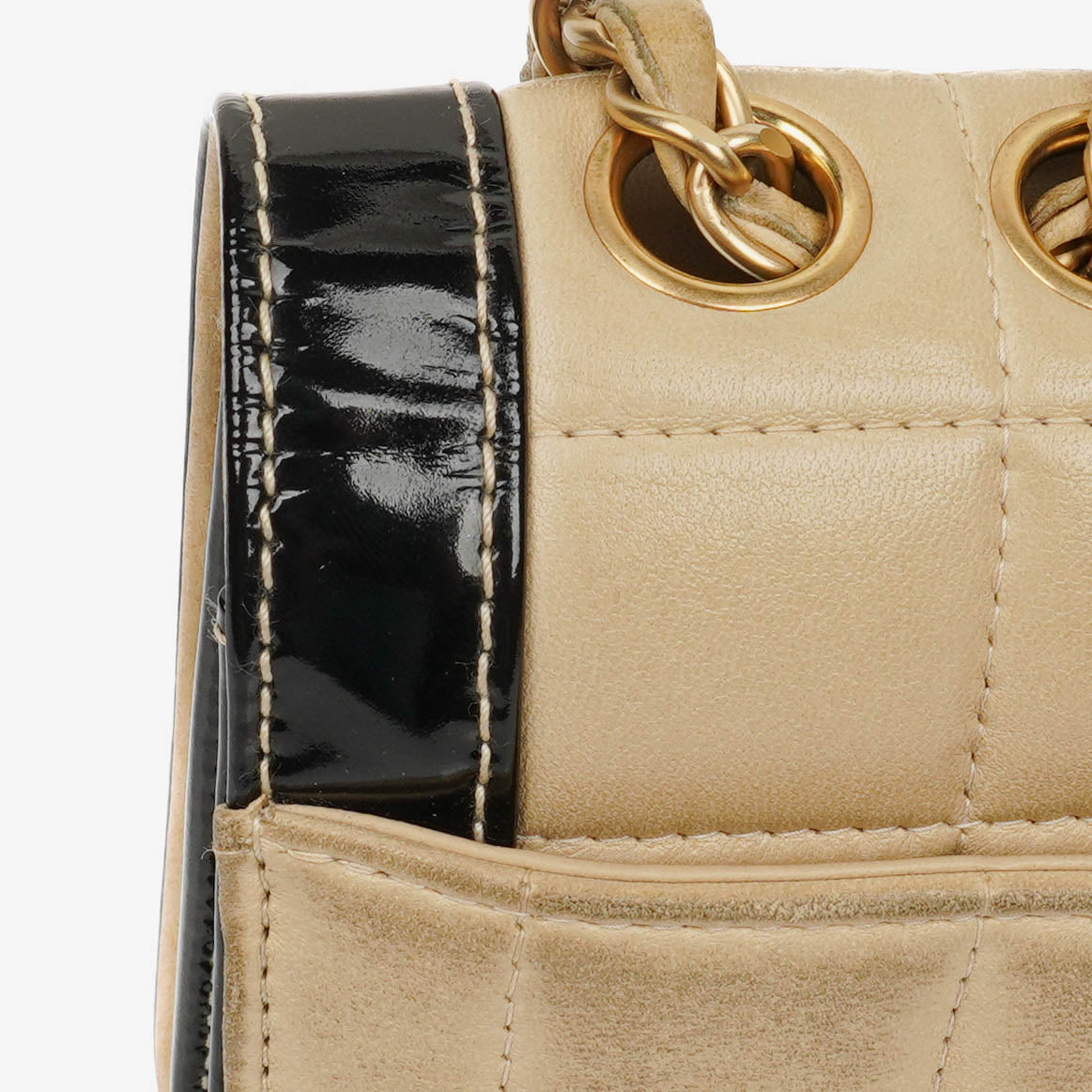 Chanel  Chocolate Bar Square Single Flap Beige Quilted Leather/Patent Leather Chain Shoulder Bag