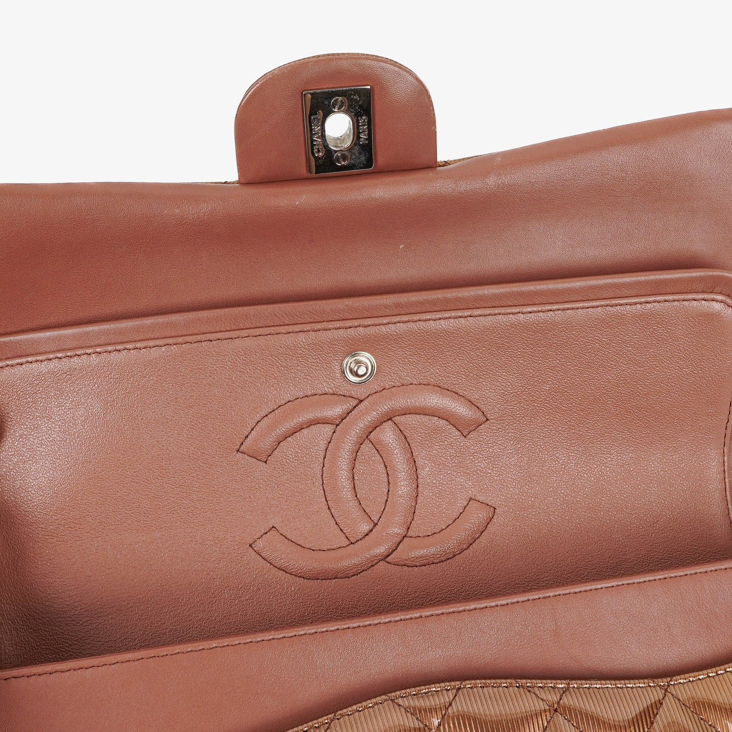 Chanel Medium Classic Double Flap Quilted Striated Bronze Patent Leather With Silver-tone Hardware