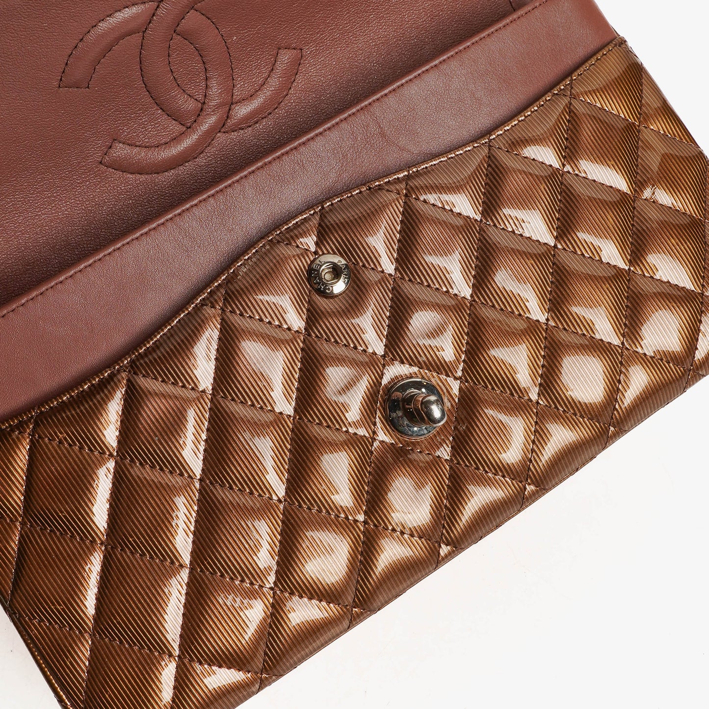 Chanel Medium Classic Double Flap Quilted Striated Bronze Patent Leather With Silver-tone Hardware