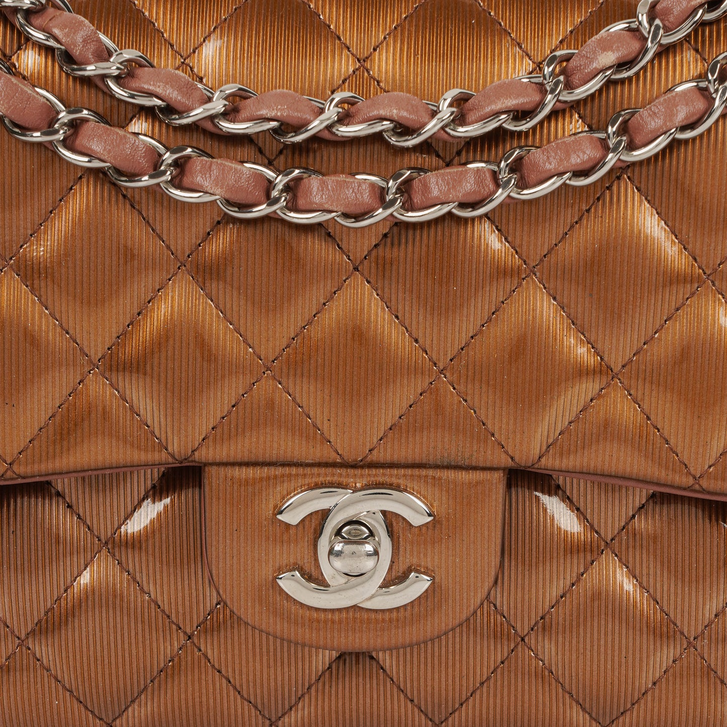 Chanel Medium Classic Double Flap Quilted Striated Bronze Patent Leather With Silver-tone Hardware
