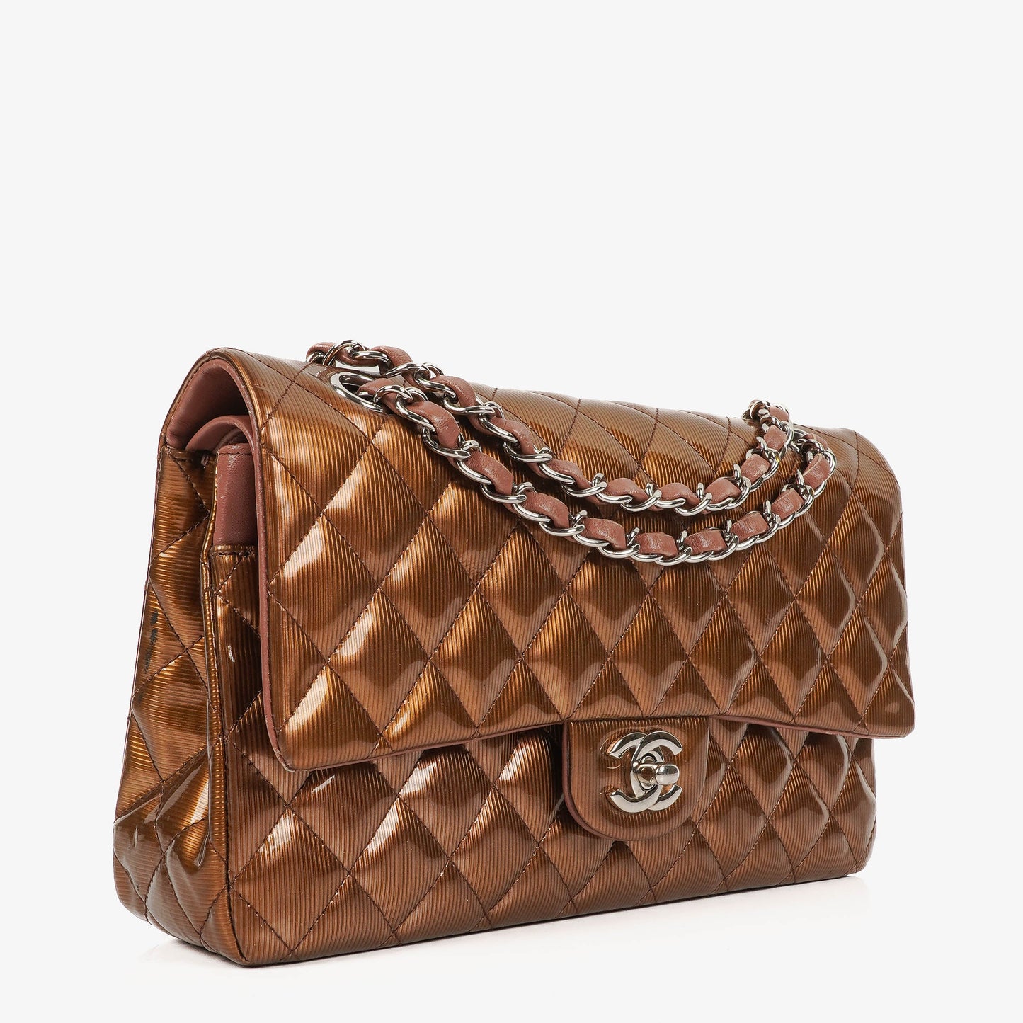 Chanel Medium Classic Double Flap Quilted Striated Bronze Patent Leather With Silver-tone Hardware