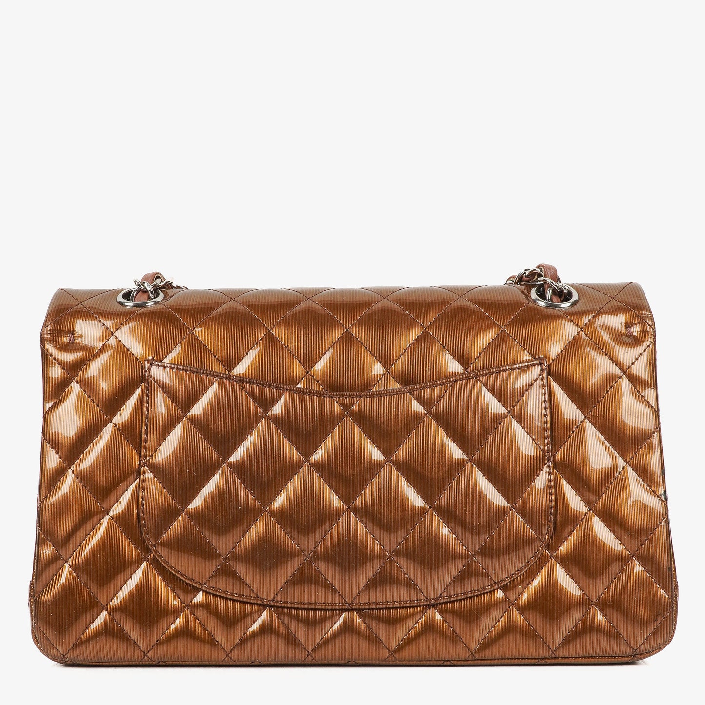 Chanel Medium Classic Double Flap Quilted Striated Bronze Patent Leather With Silver-tone Hardware