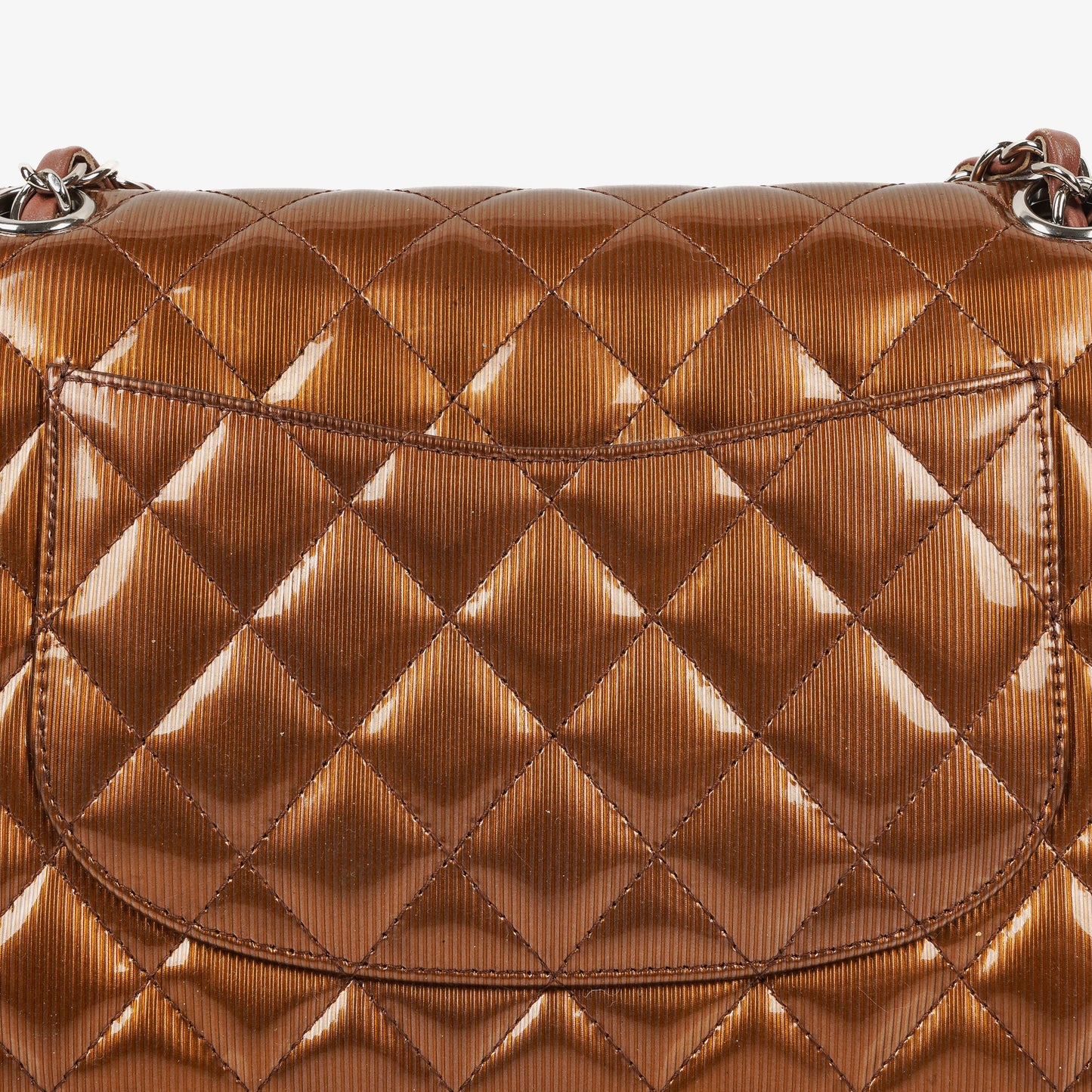 Chanel Medium Classic Double Flap Quilted Striated Bronze Patent Leather With Silver-tone Hardware