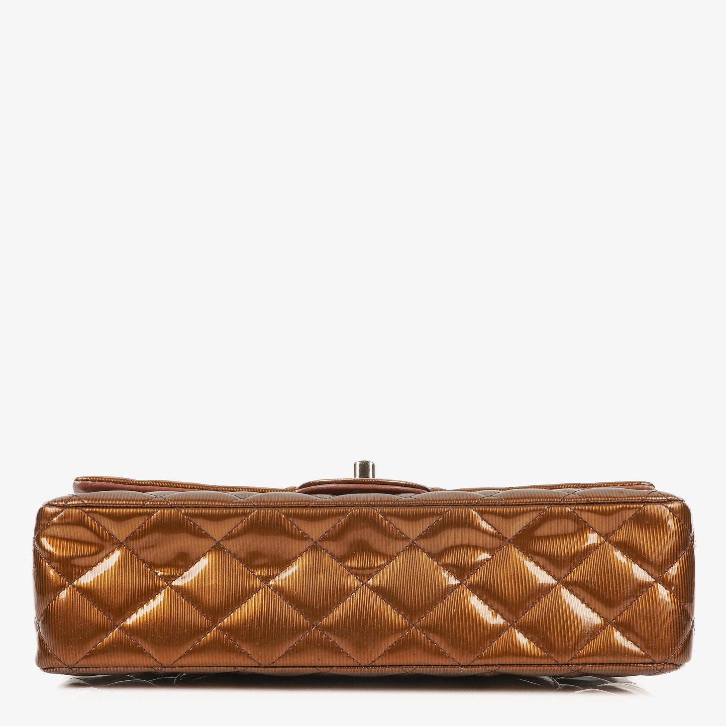 Chanel Medium Classic Double Flap Quilted Striated Bronze Patent Leather With Silver-tone Hardware