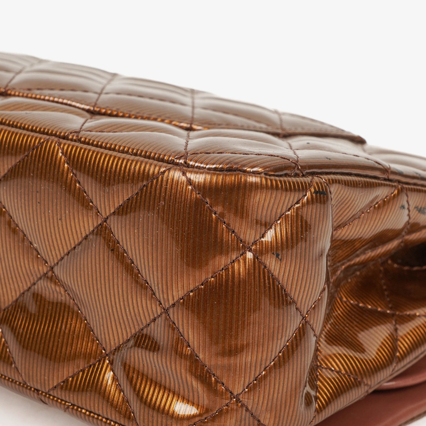 Chanel Medium Classic Double Flap Quilted Striated Bronze Patent Leather With Silver-tone Hardware