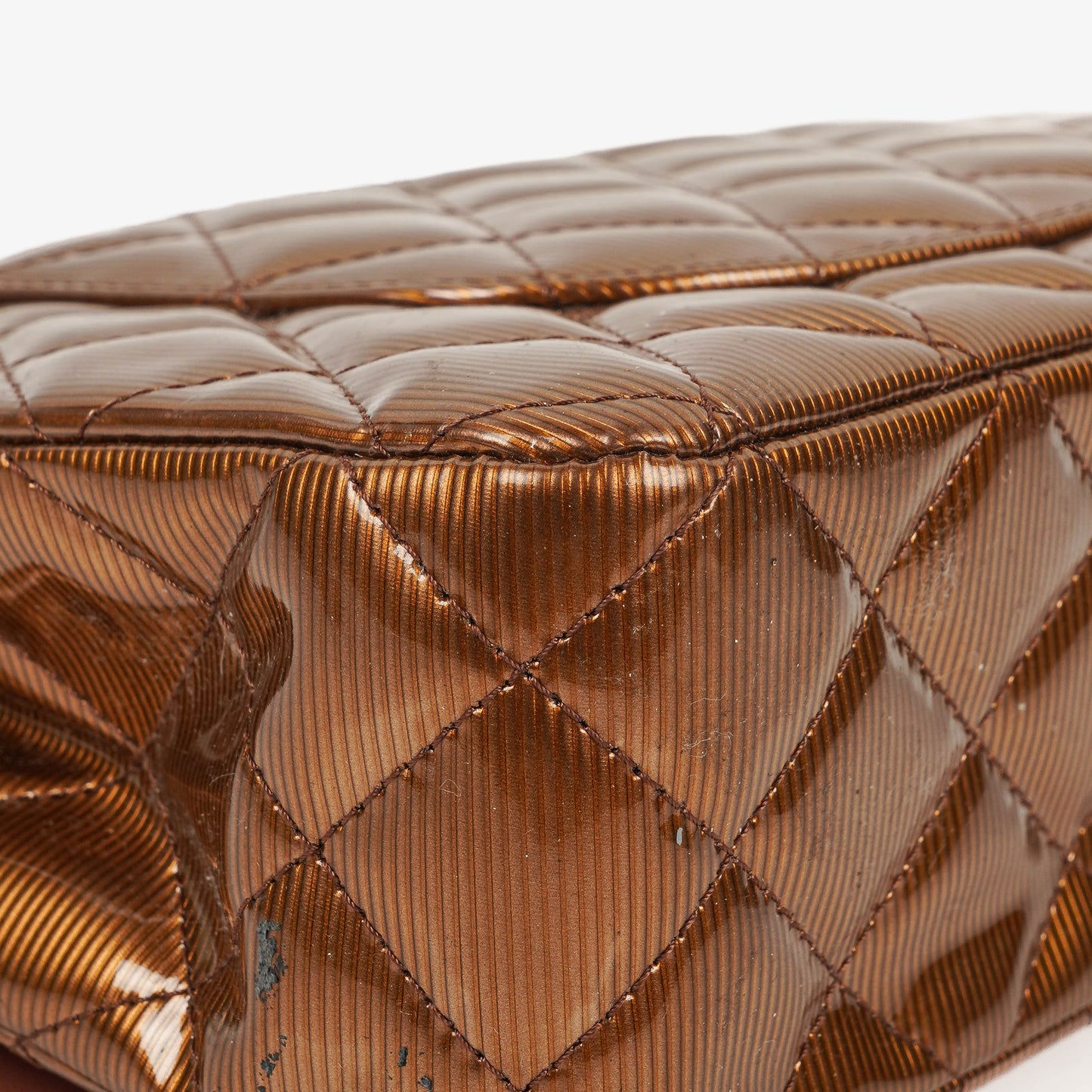 Chanel Medium Classic Double Flap Quilted Striated Bronze Patent Leather With Silver-tone Hardware