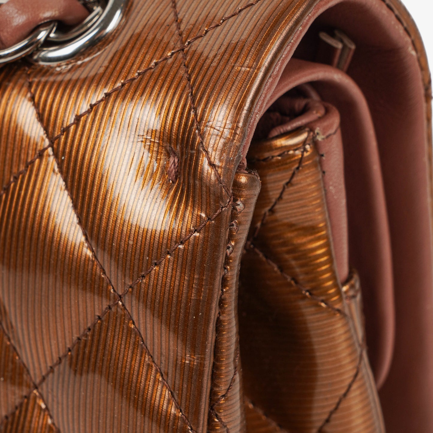Chanel Medium Classic Double Flap Quilted Striated Bronze Patent Leather With Silver-tone Hardware