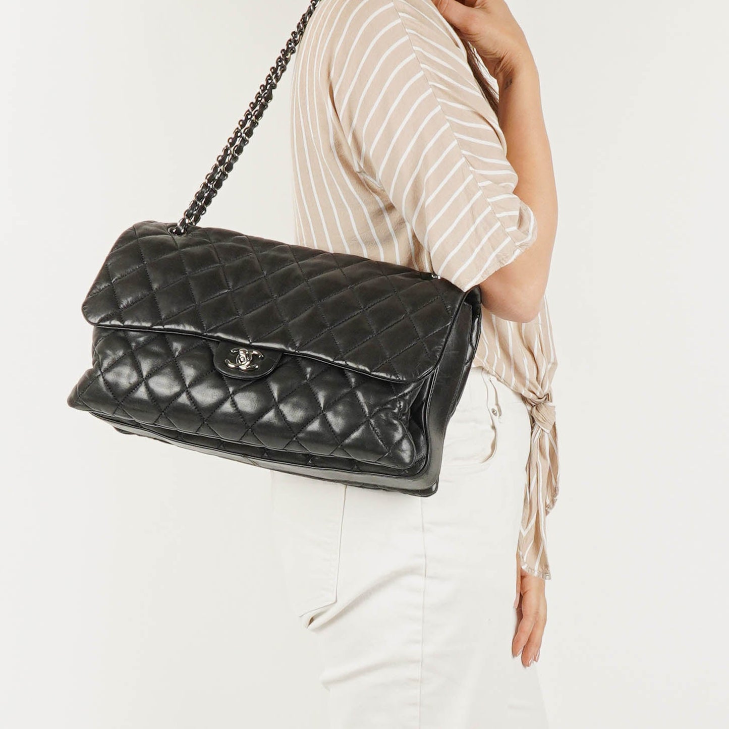 Chanel Black Quilted Lambskin Maxi 3 Accordion Flap Bag