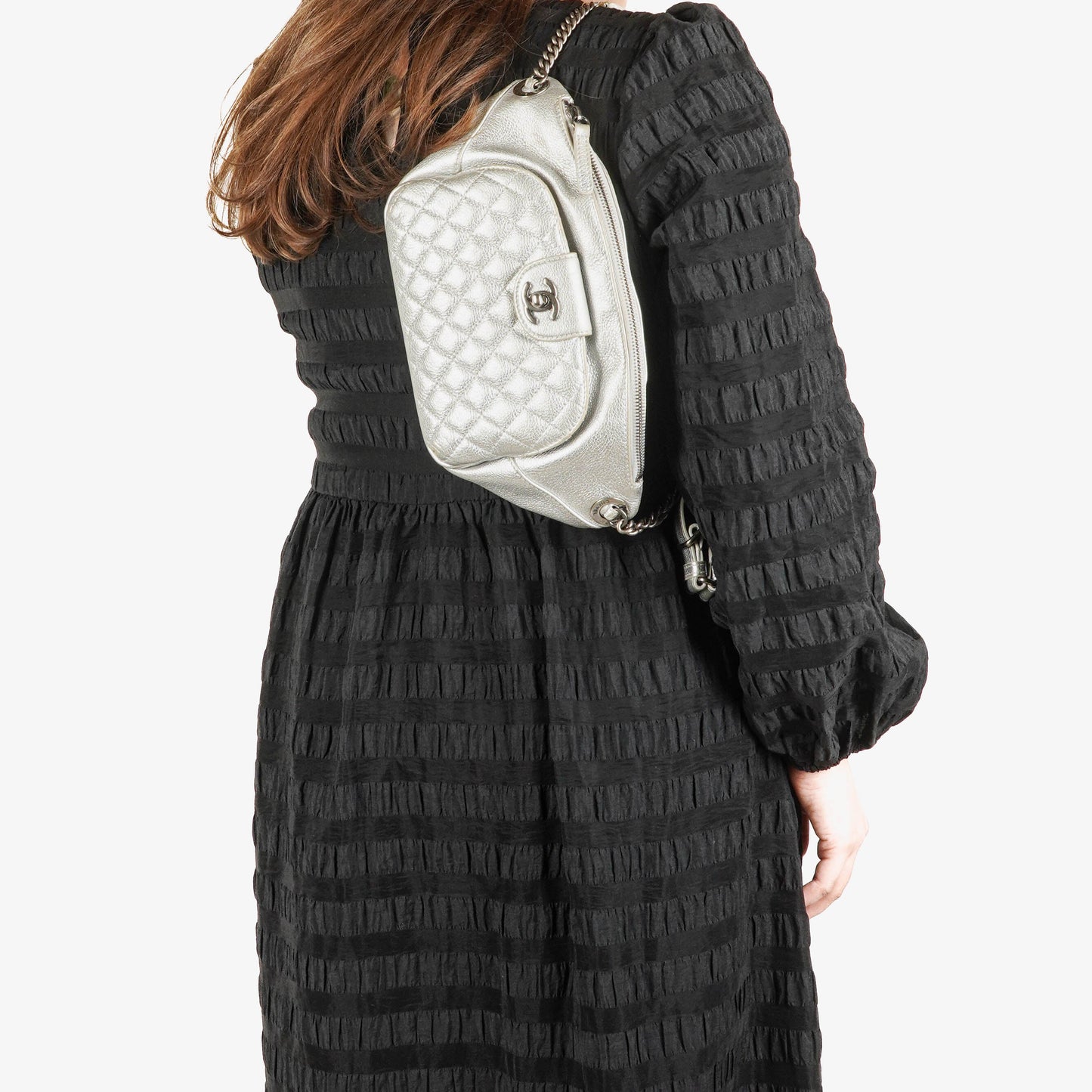Chanel Silver Metallic Grained Calfskin Casual Rock Waist Bag