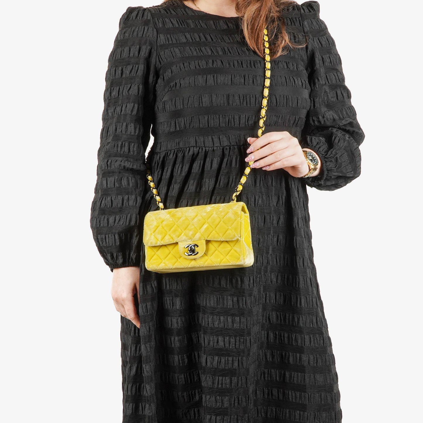 Chanel Mini Rectangular Single Flap Bag Yellow Quilted Velvet With Black Hardware