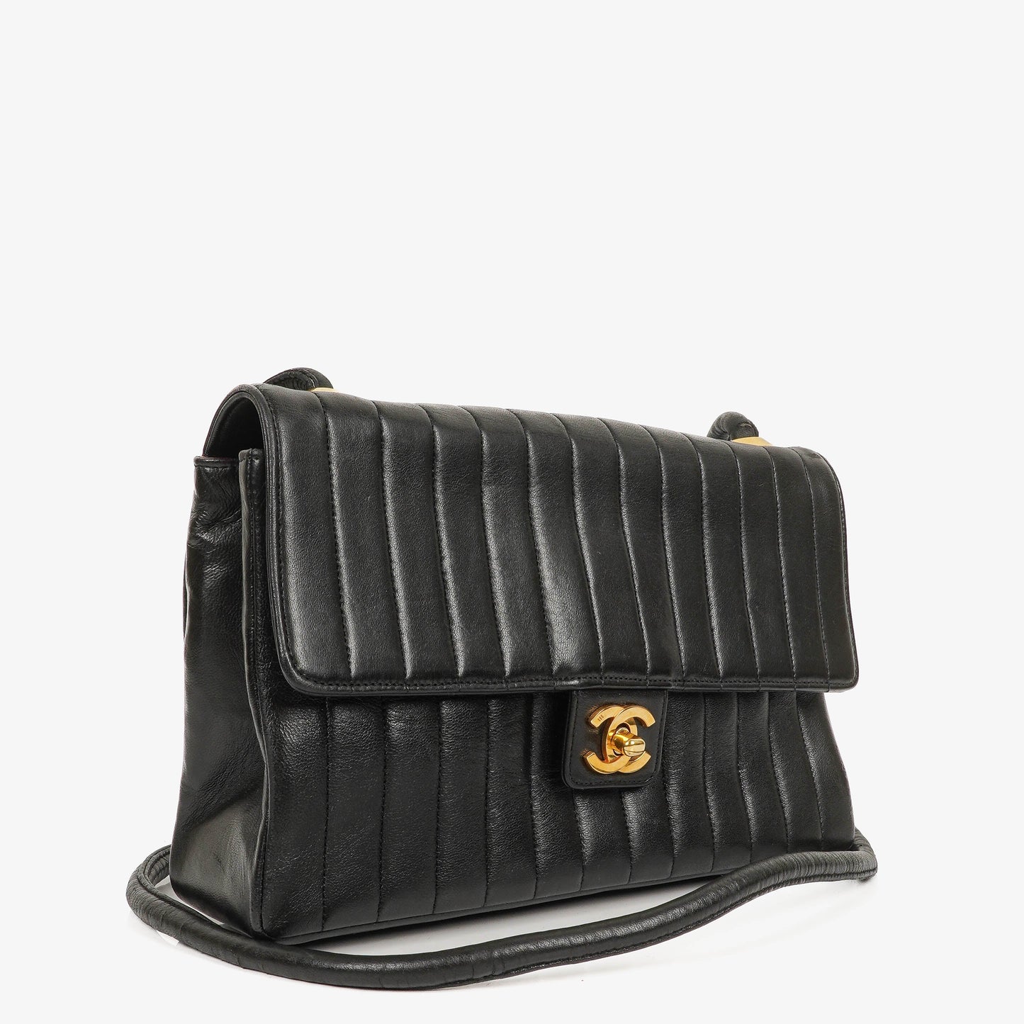 Chanel Vertical Quilted Black Leather Single Flap Bag With 24K Gold-Plated Hardware