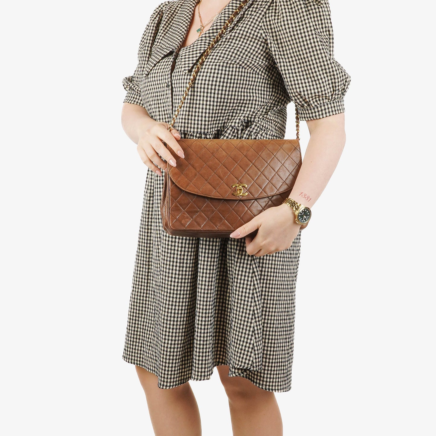 Chanel Half-Moon Flap Bag Brown Quilted Lambskin 24K Gold-Plated Hardware