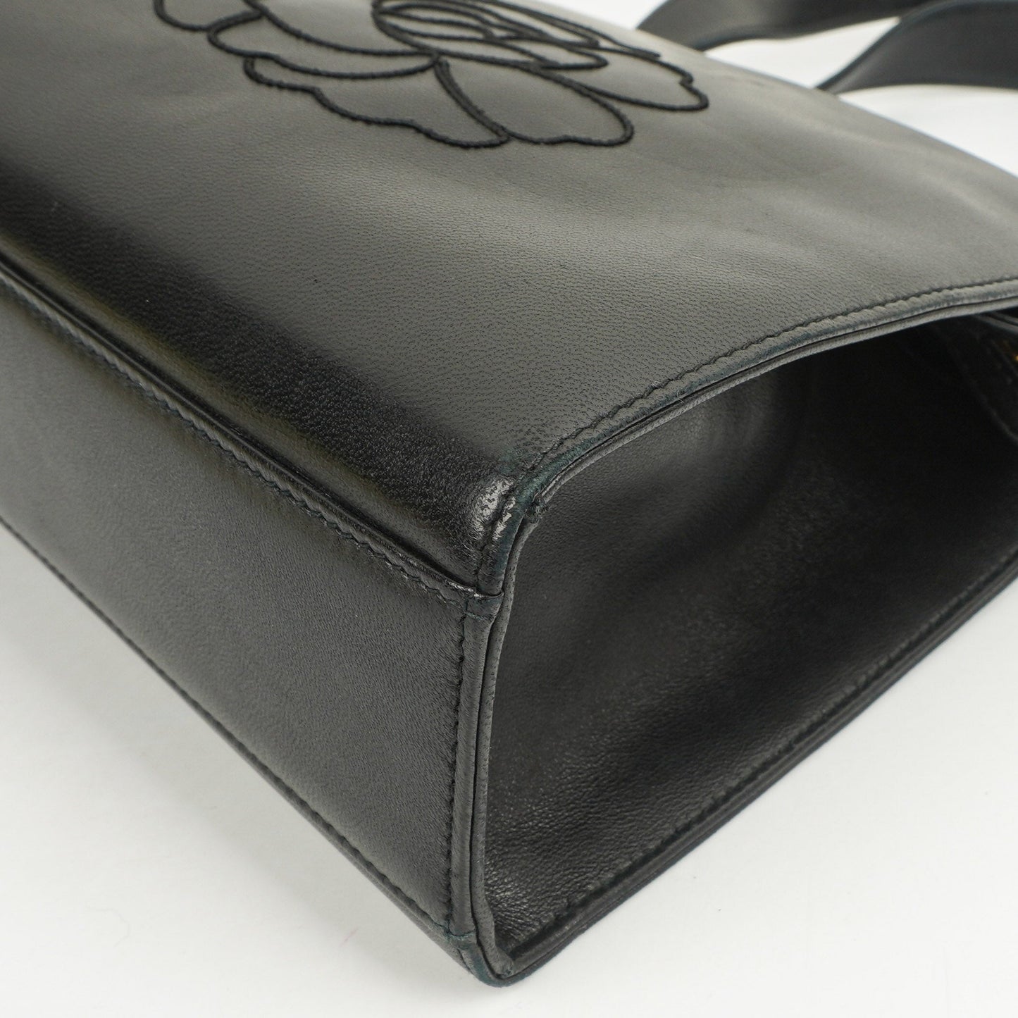 Chanel Black Leather Camellia Top Handle Bag